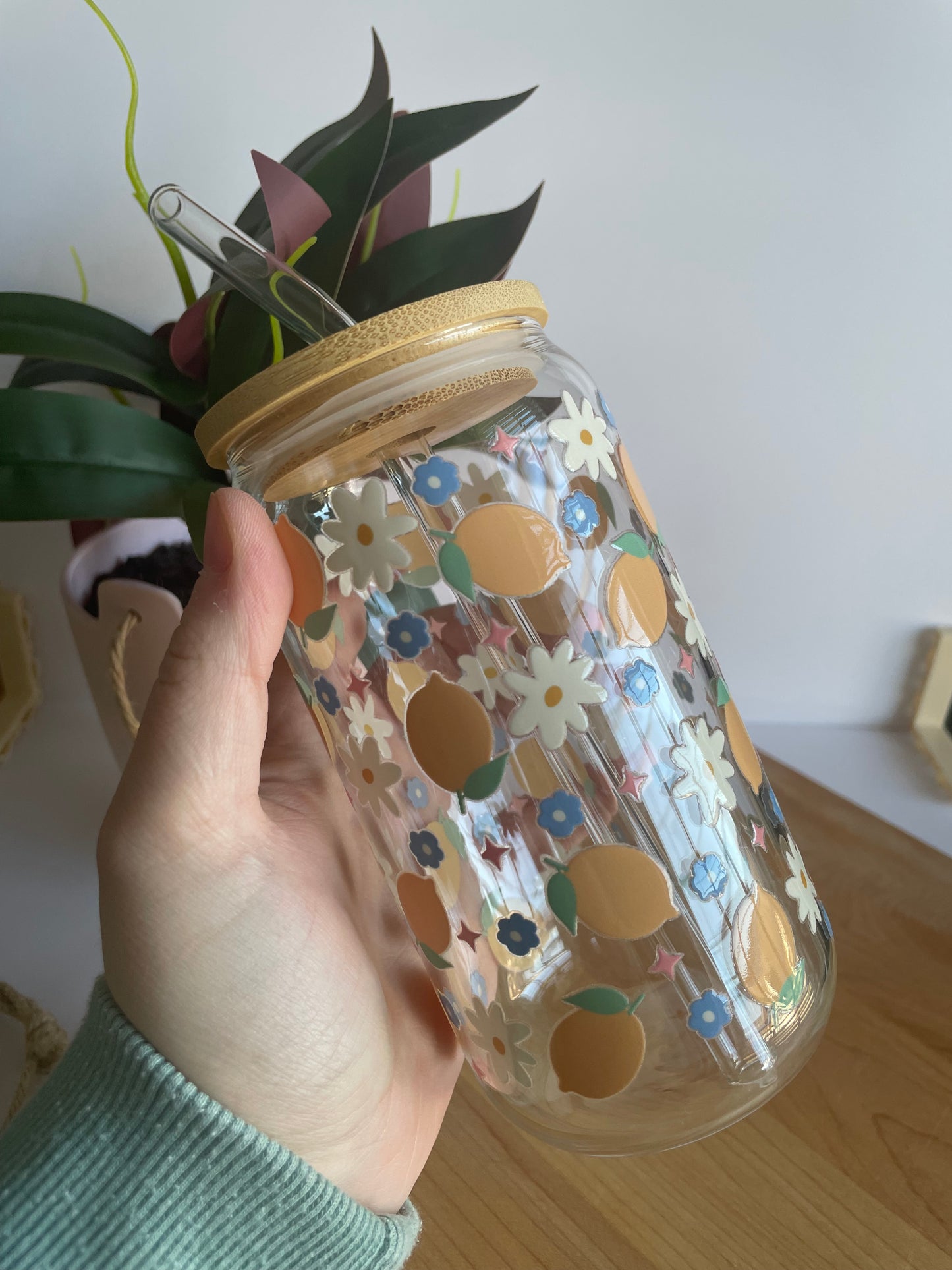 Flowers and Lemons Glass Cup with Bamboo Lid and Glass Straw