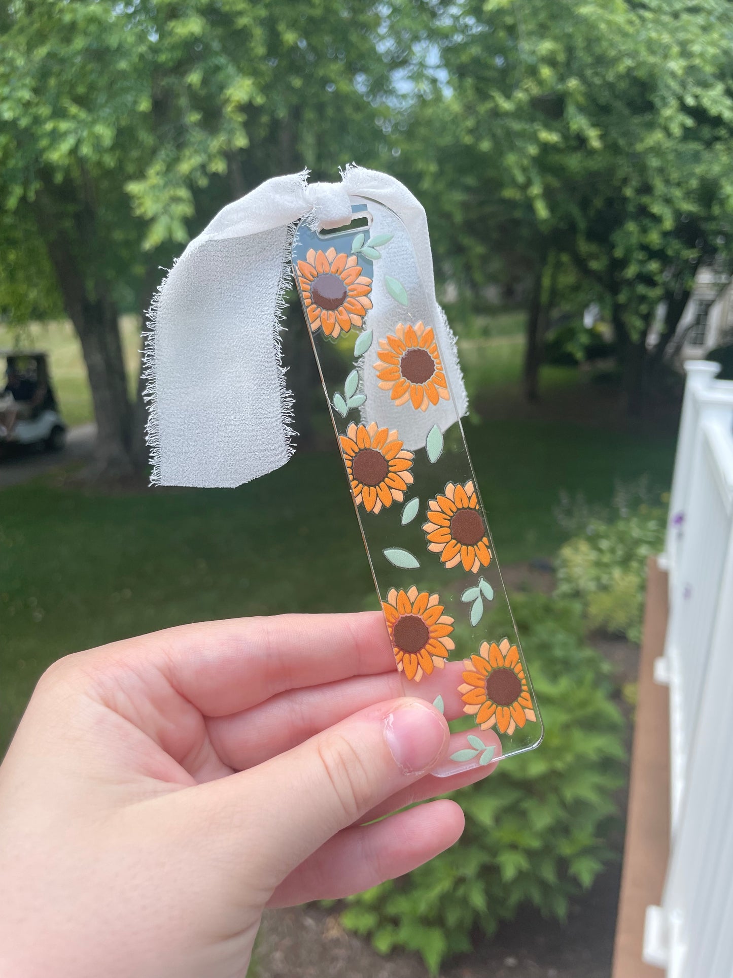 Blooming Sunflower Clear Acrylic Bookmark with Chiffon Ribbon