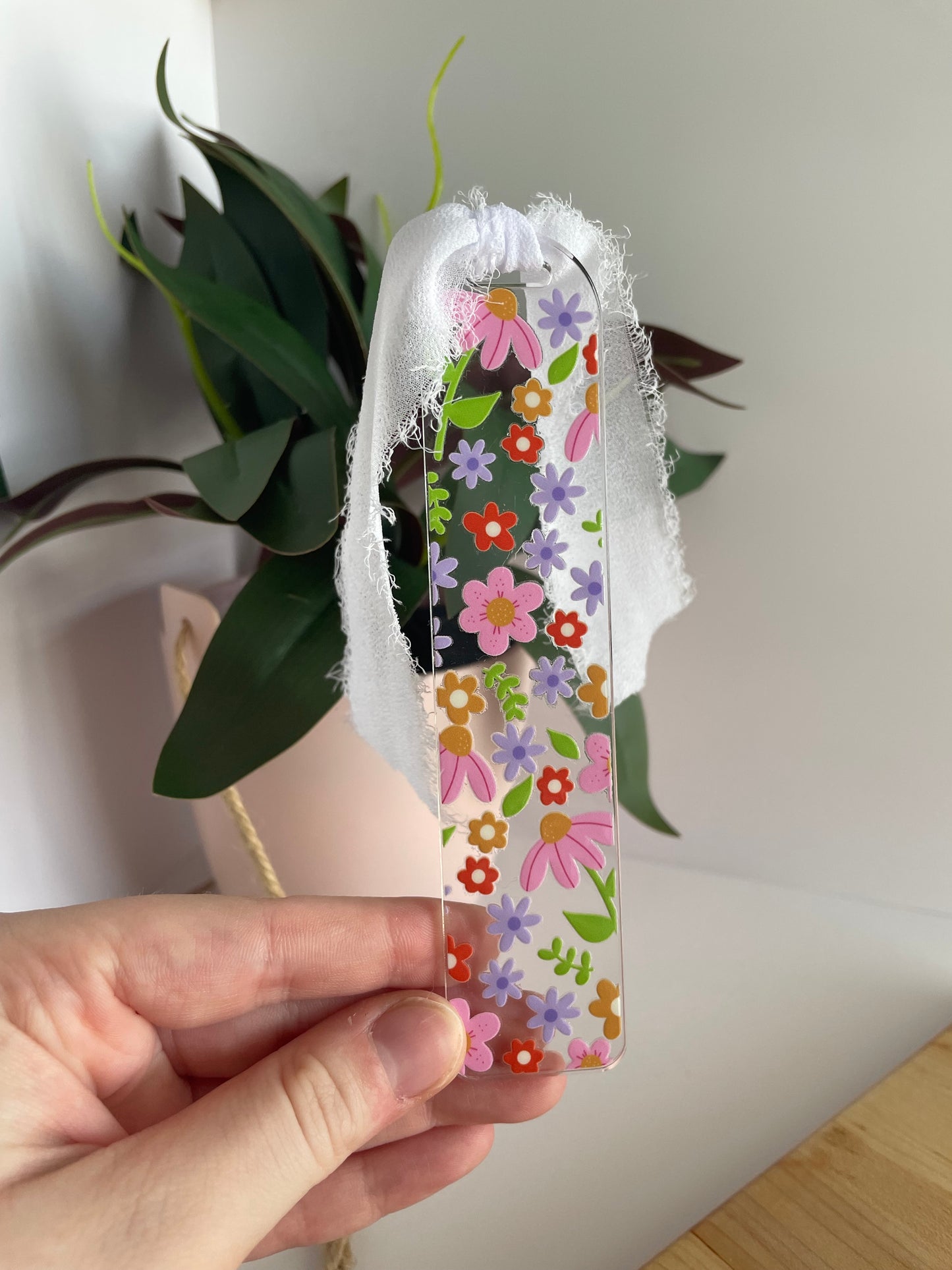 Spring Florals Clear Acrylic Bookmark with Chiffon Ribbon