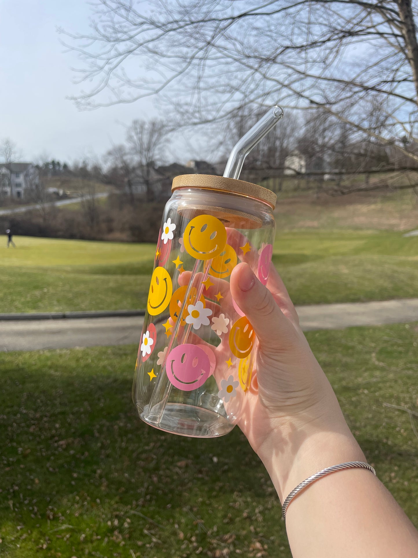 Pink and Yellow Smiley Faces and Daises Glass Cup with Bamboo Lid and Glass Straw