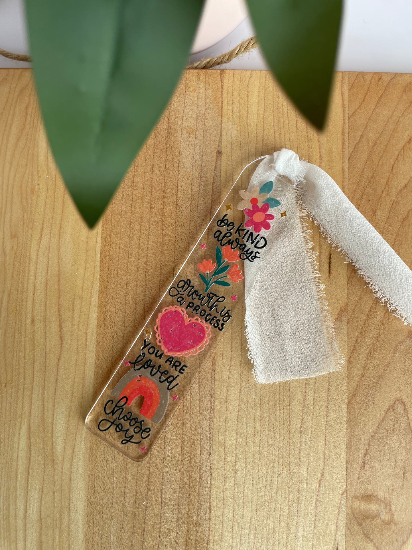 Positive Affirmations Clear Acrylic Bookmark with Chiffon Ribbon