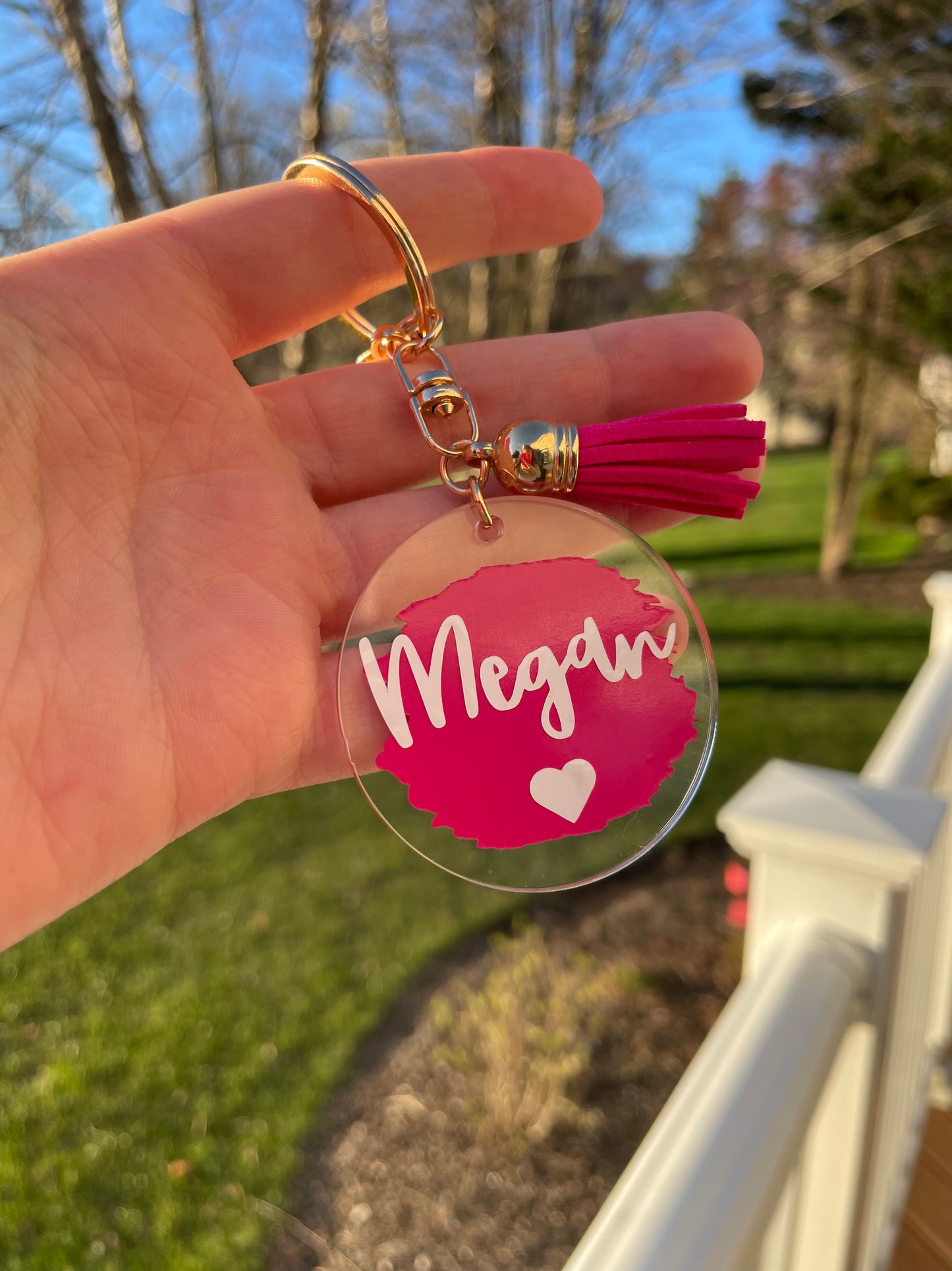 Custom Name Painted Circle Acrylic Keychain with Tassel and Gold Features