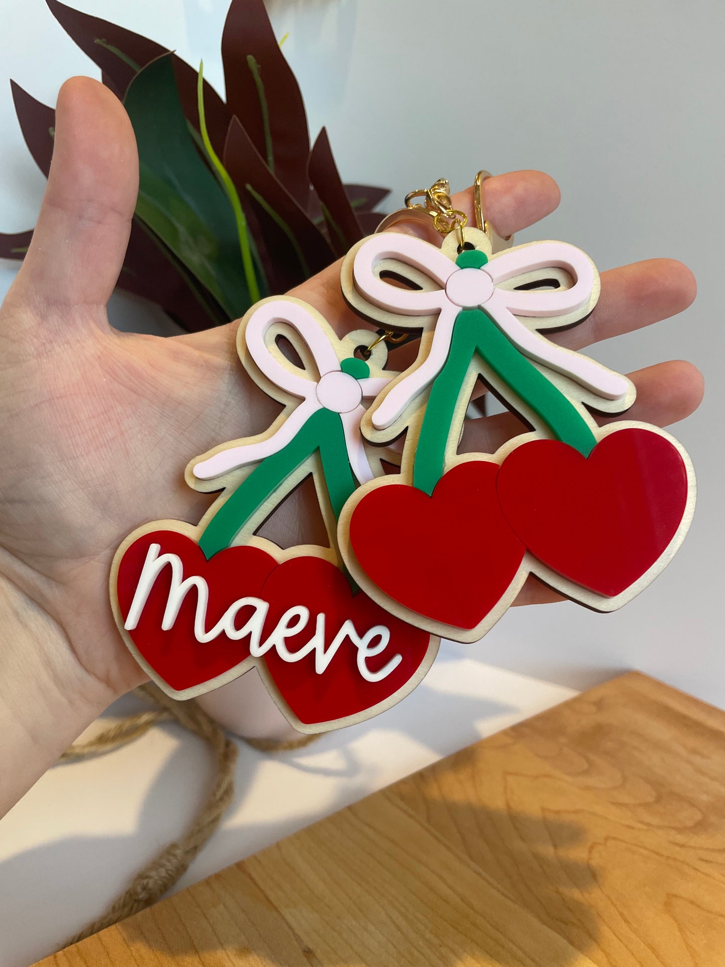 Cute Cherry and Bow Acrylic Keychain with Gold Features