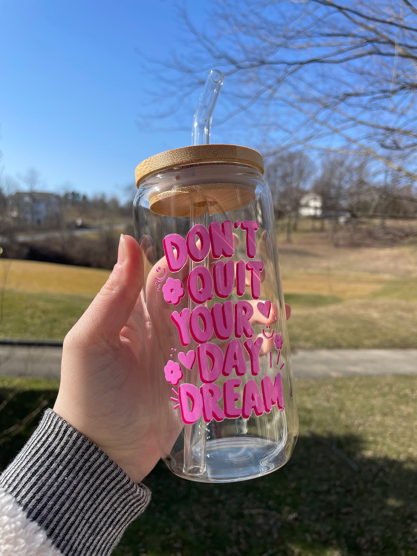 Don’t Quit Your Daydream Doodles Glass Cup with Bamboo Lid and Glass Straw
