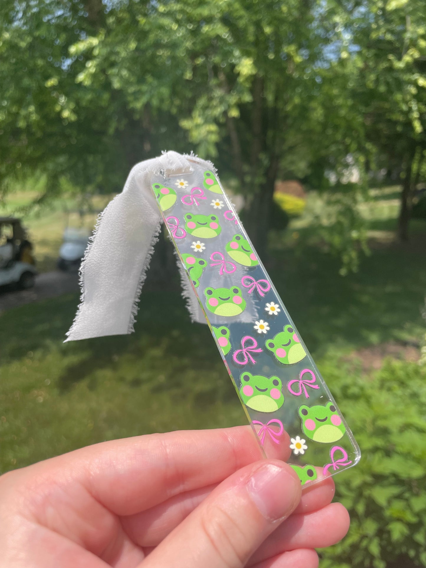 Adorable Froggies and Pink Bows Clear Acrylic Bookmark with Chiffon Ribbon