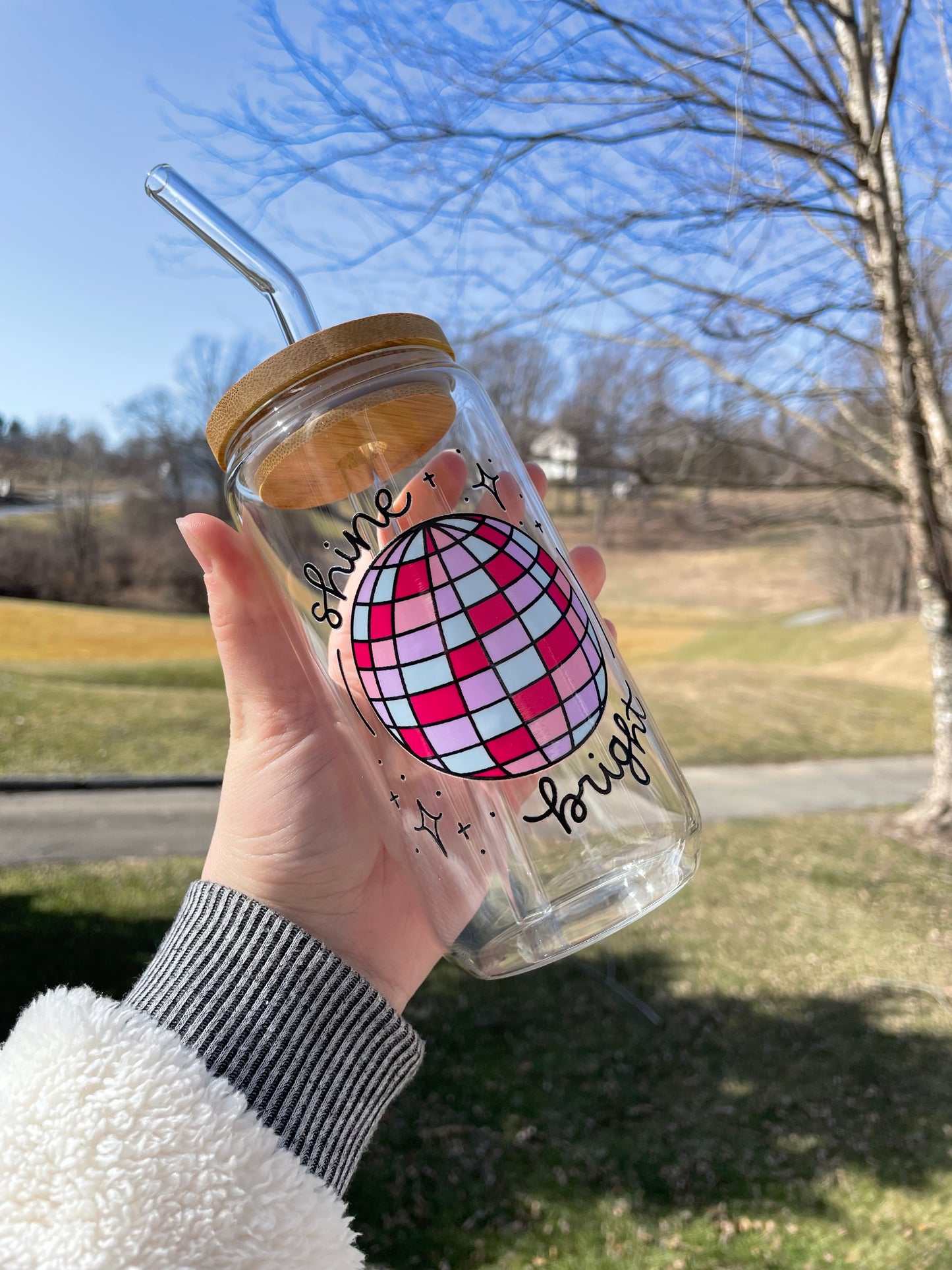 Shine Bright Disco Ball Glass Cup with Bamboo Lid and Glass Straw