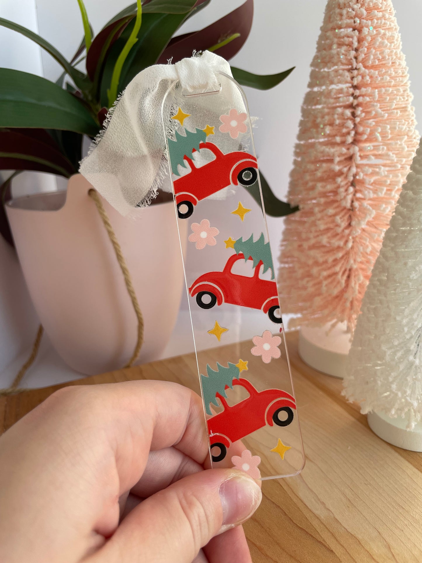 Red Christmas Truck Clear Acrylic Bookmark with Chiffon Ribbon