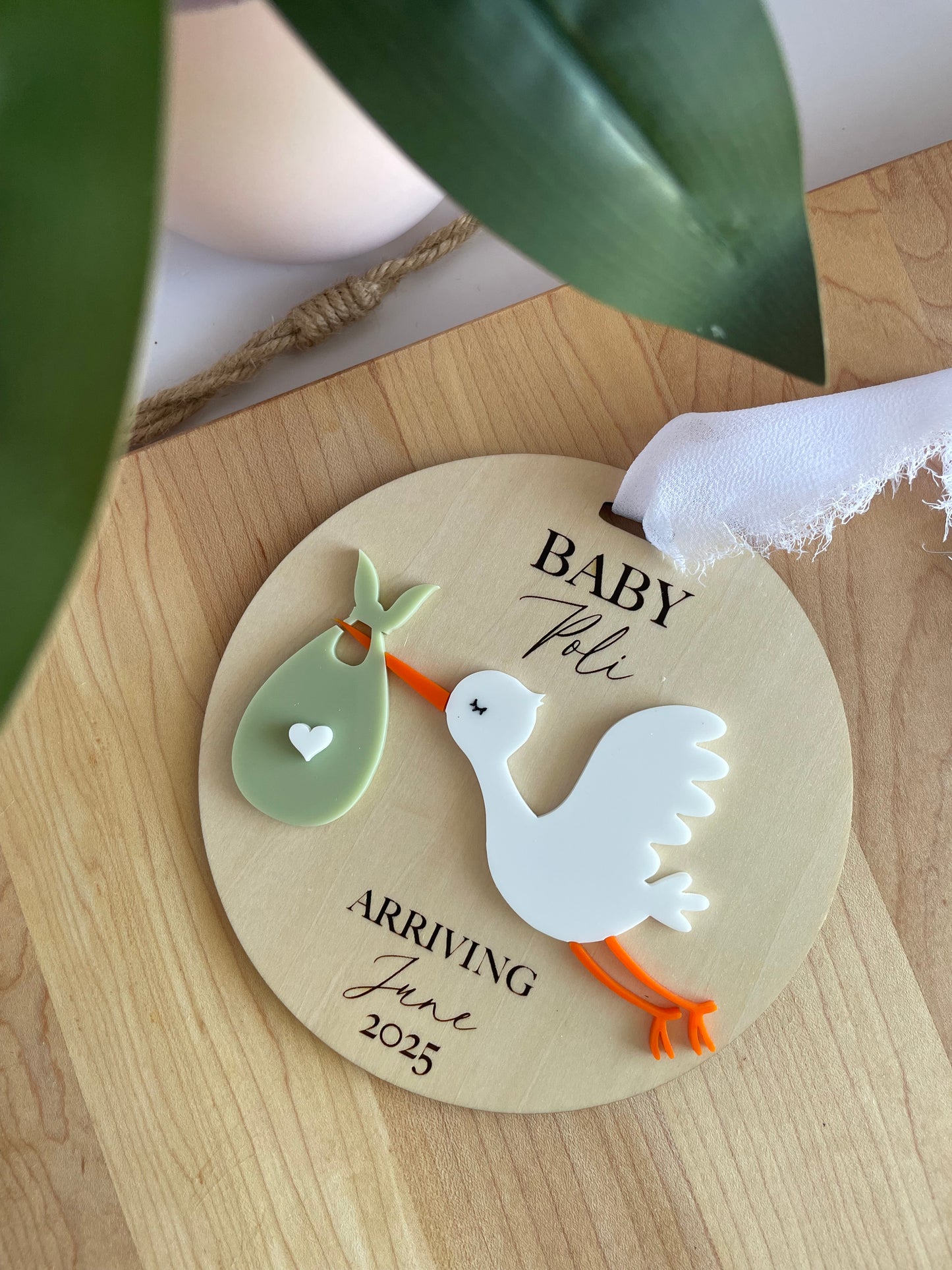 Arriving Baby Stork Wooden Gift Tag with Chiffon Ribbon