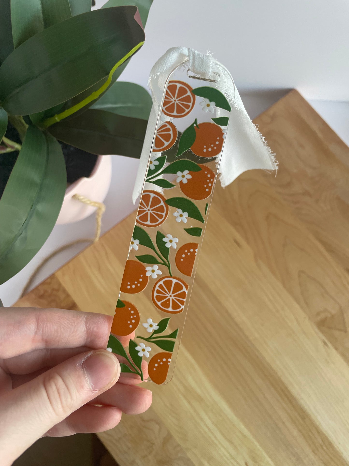 Summer Oranges Clear Acrylic Bookmark with Chiffon Ribbon