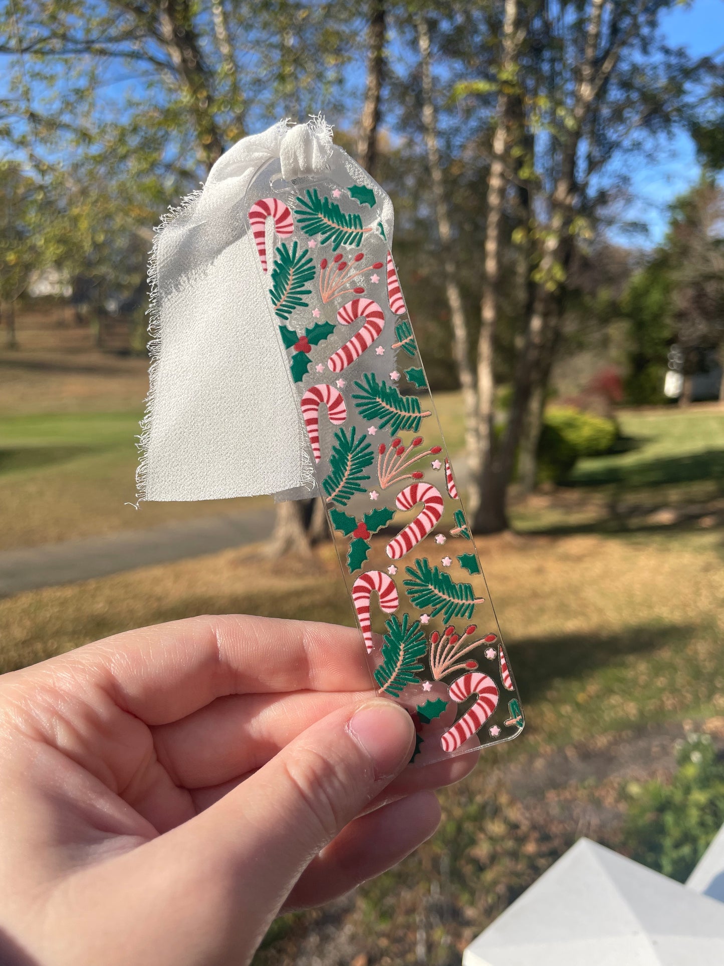 Candy Canes and Greenery Clear Acrylic Bookmark with Chiffon Ribbon
