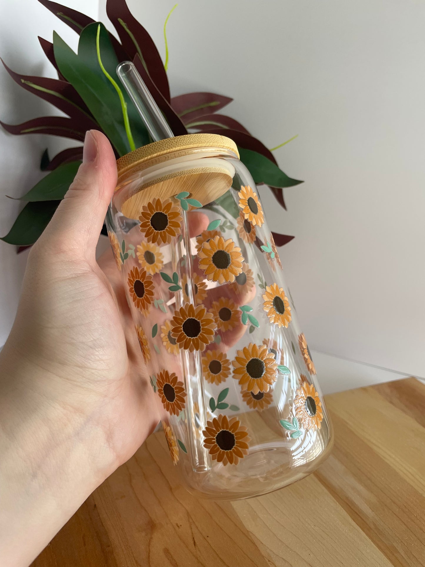 Blooming Sunflowers Glass Cup with Bamboo Lid and Glass Straw