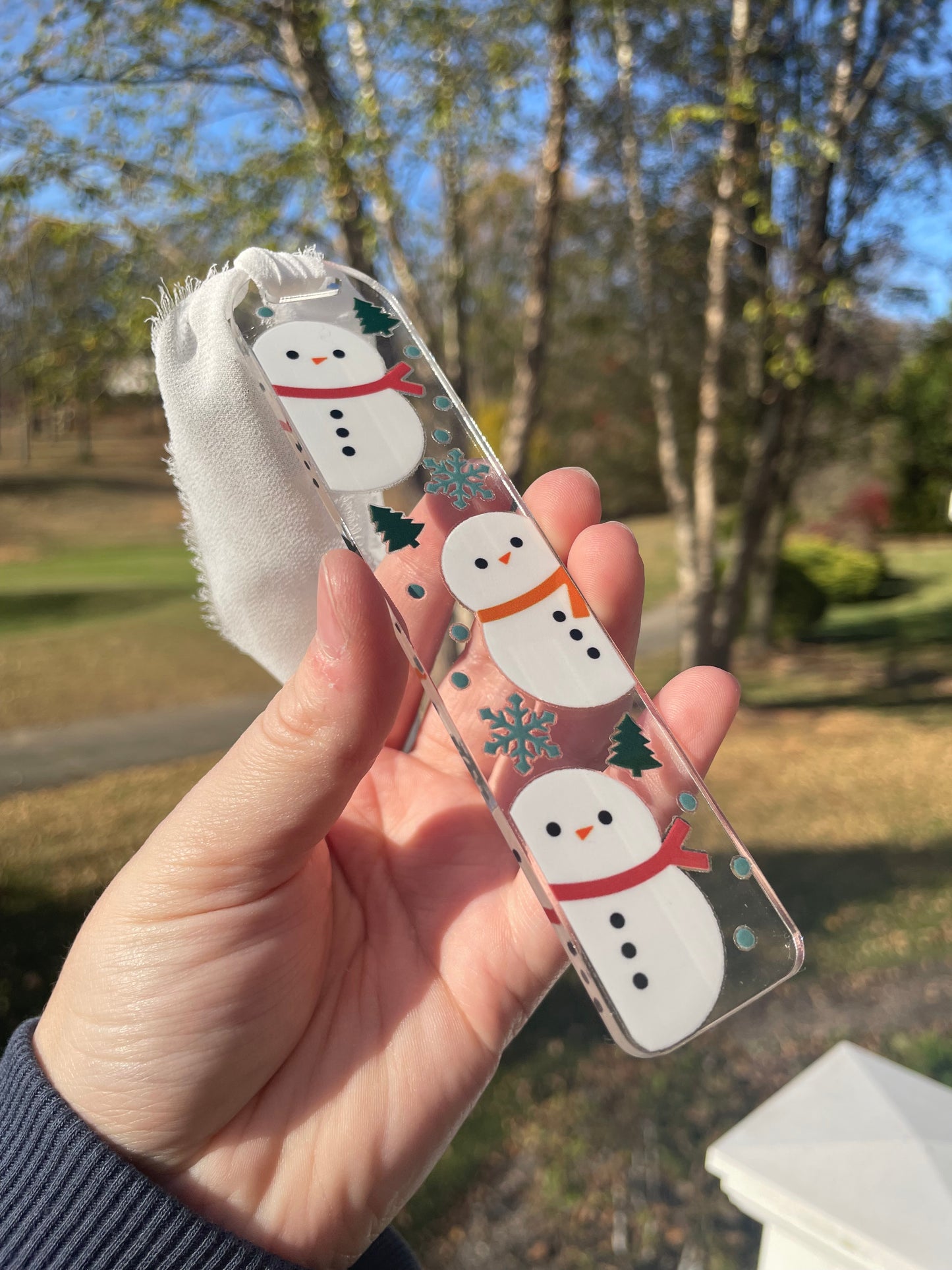 Holiday Snowmen Clear Acrylic Bookmark with Chiffon Ribbon