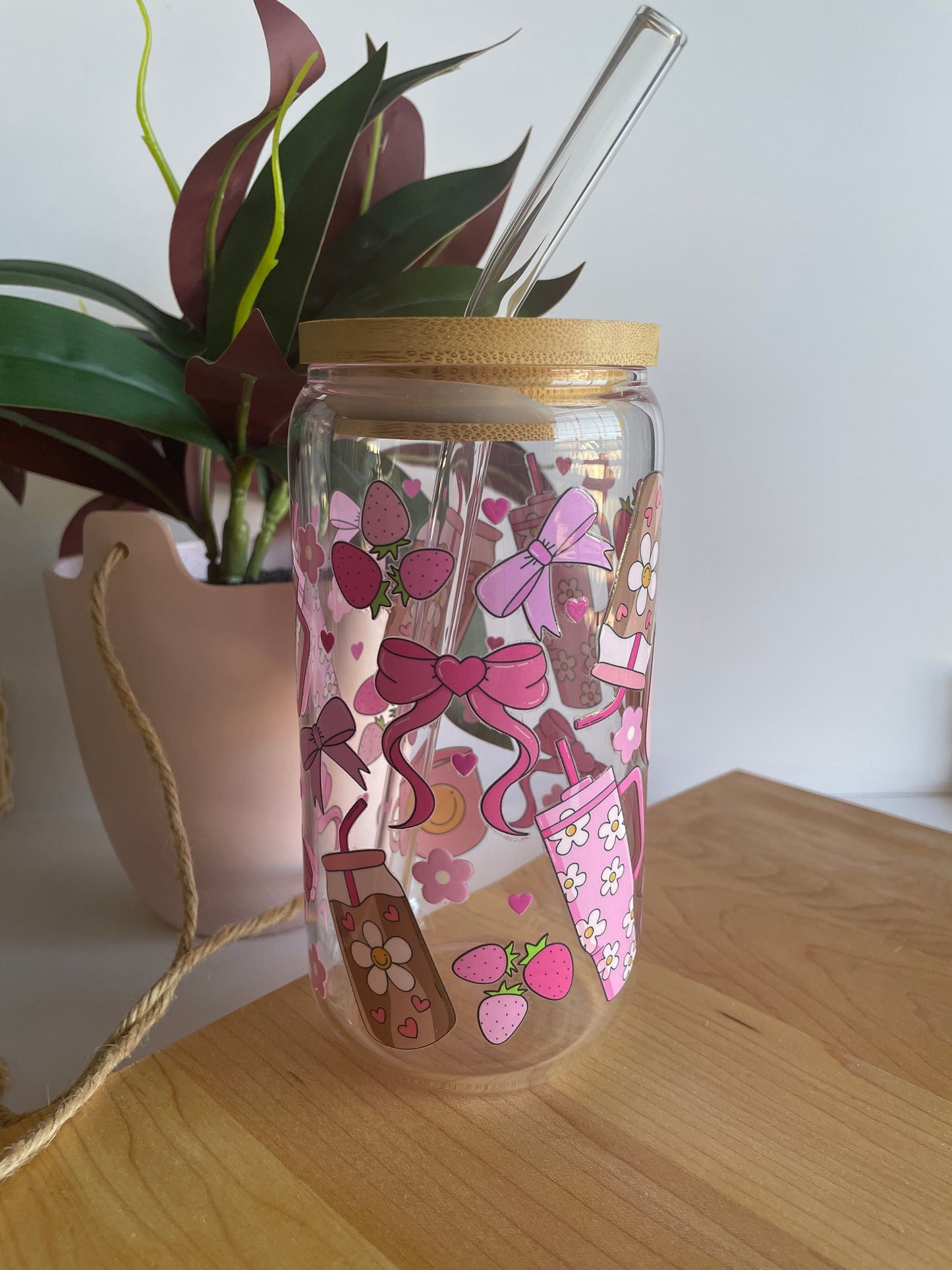 Pink Groovy Girly Glass Cup with Bamboo Lid and Glass Straw
