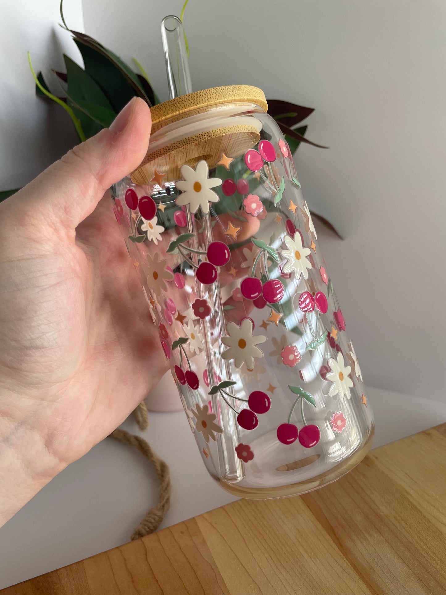 Pretty Cherries and Flowers Glass Cup with Bamboo Lid and Glass Straw