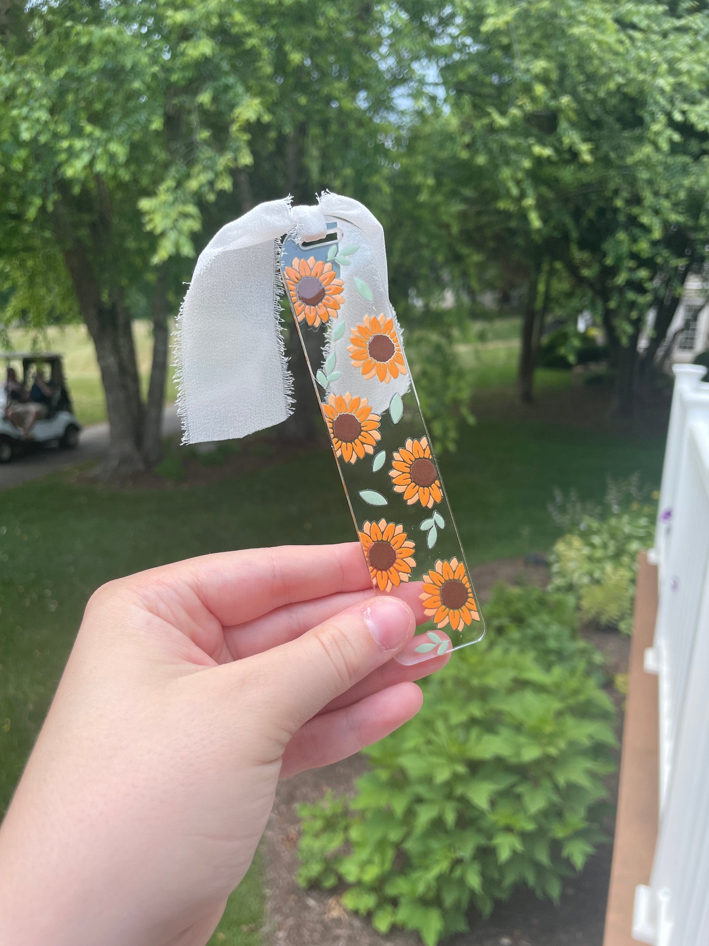 Blooming Sunflower Clear Acrylic Bookmark with Chiffon Ribbon