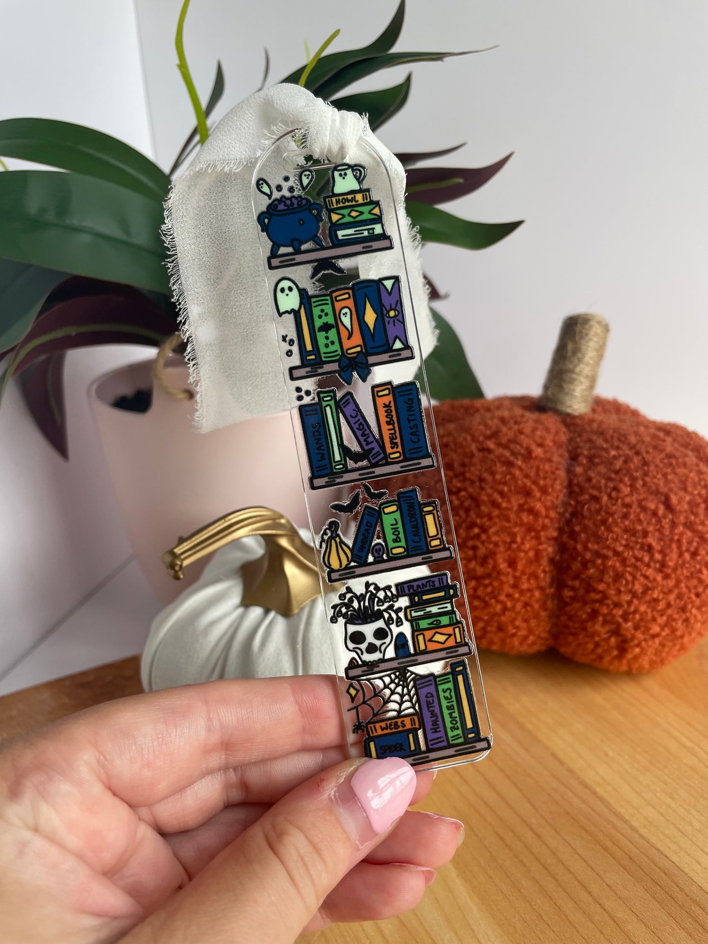 Spooky Bookshelf Clear Acrylic Bookmark with Chiffon Ribbon