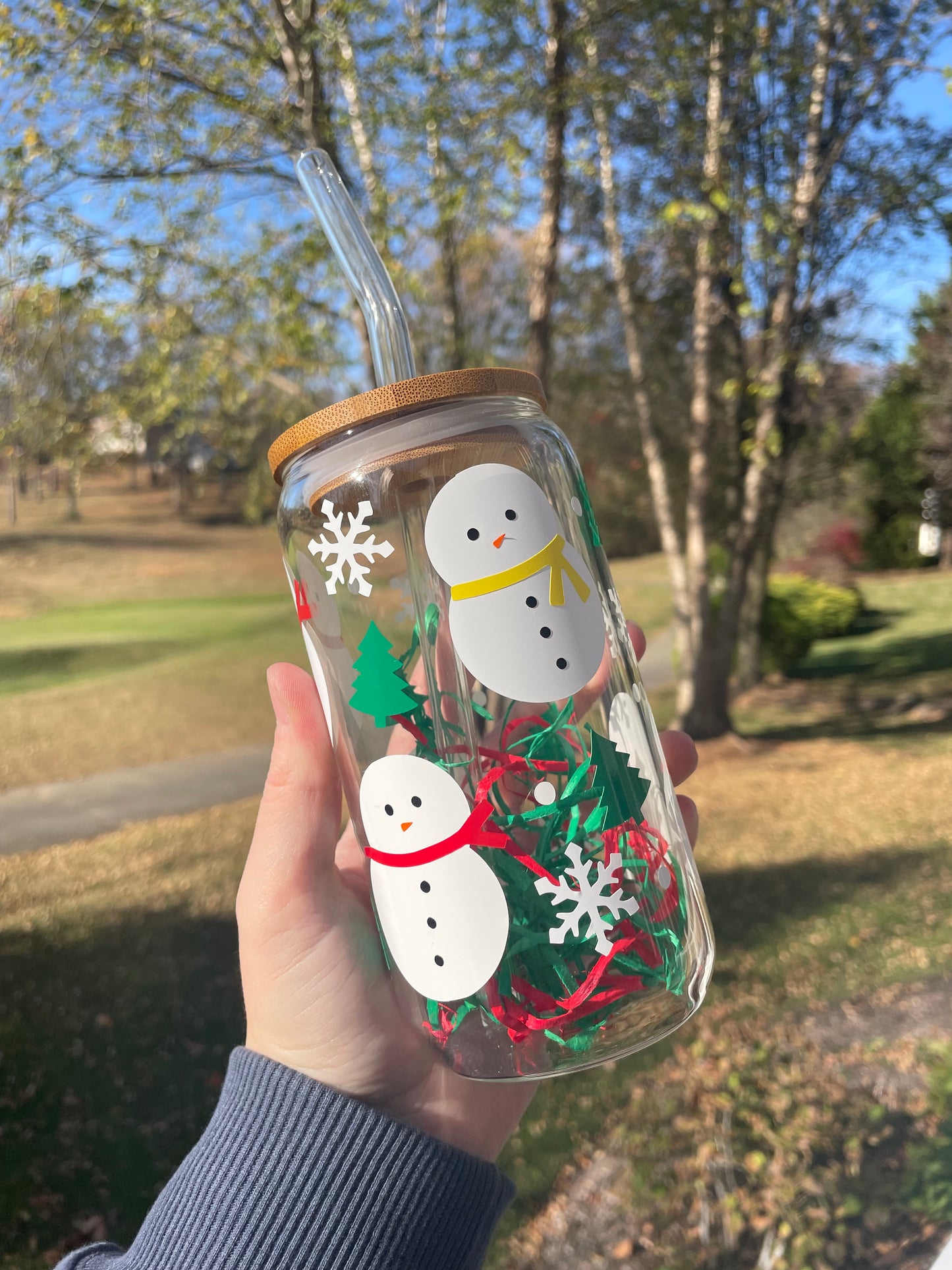 Happy Snowmen Winter Glass Cup with Bamboo Lid and Glass Straw