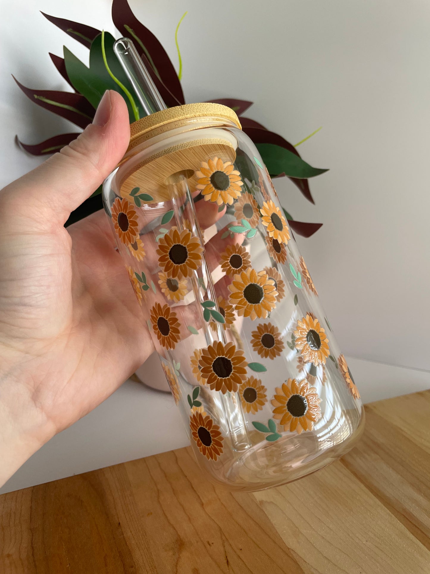 Blooming Sunflowers Glass Cup with Bamboo Lid and Glass Straw