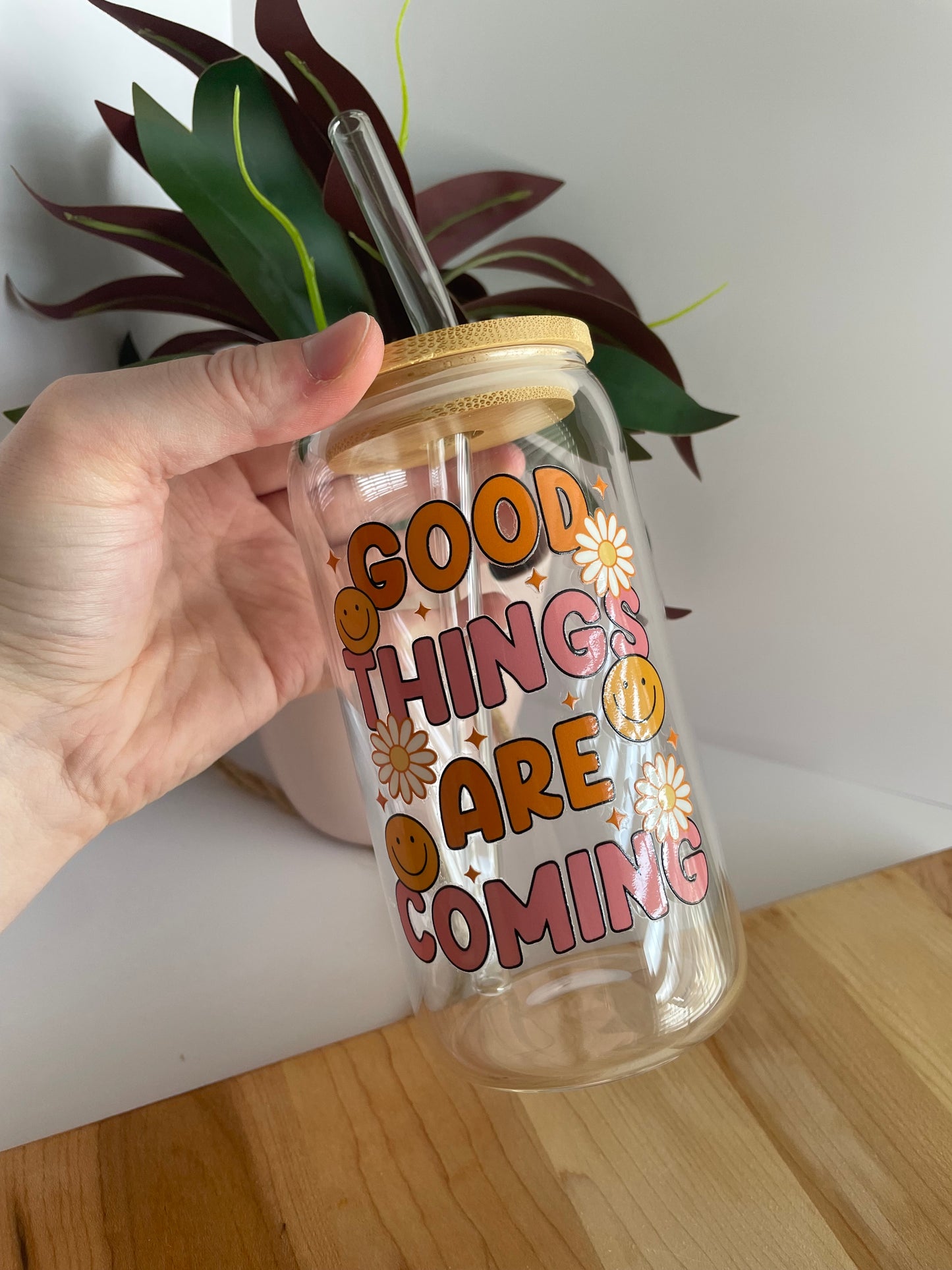Good Things Are Coming Flowers and Smileys Glass Cup with Bamboo Lid and Glass Straw