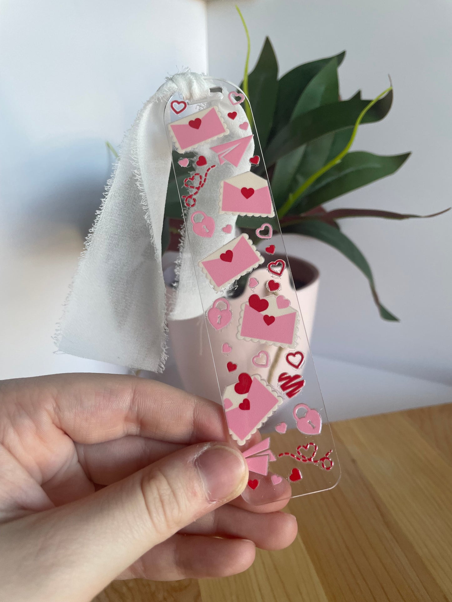 Love Letters Clear Acrylic Bookmark with Chiffon Ribbon