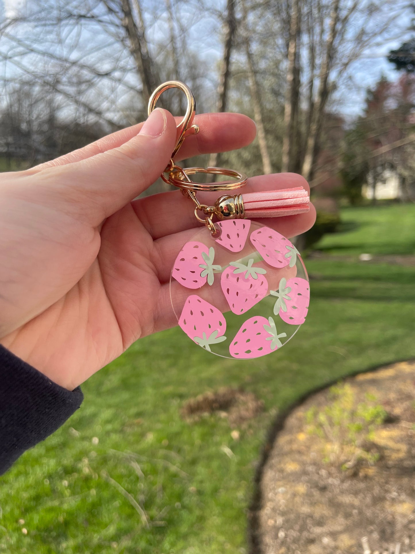 Cute Strawberries Circle Clear Acrylic Keychain with Tassel and Gold Features