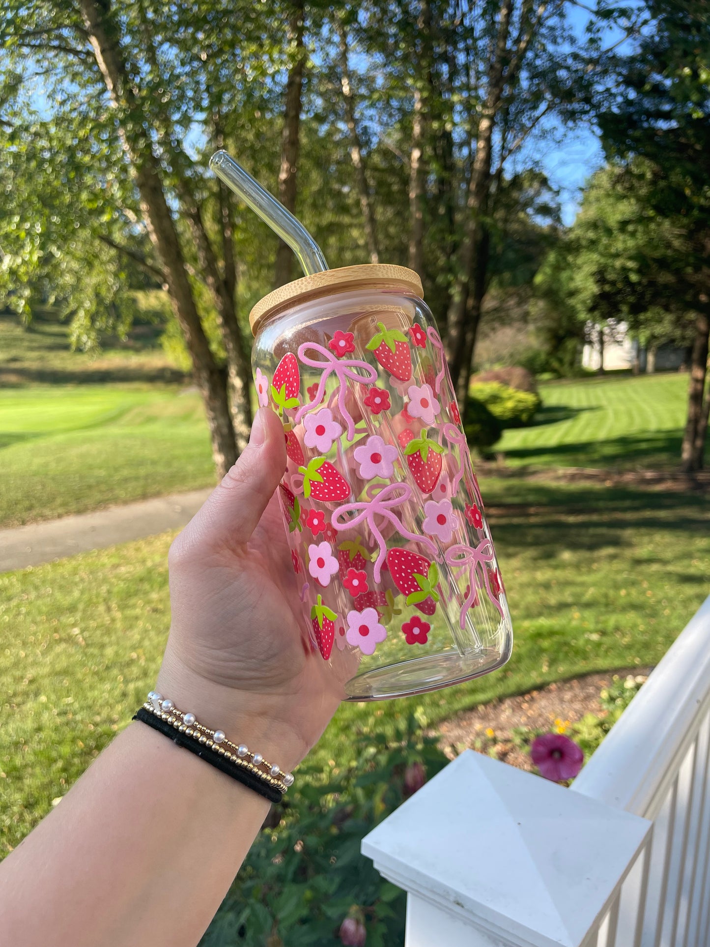 Strawberries and Pink Bows Cute Glass Cup with Bamboo Lid and Glass Straw