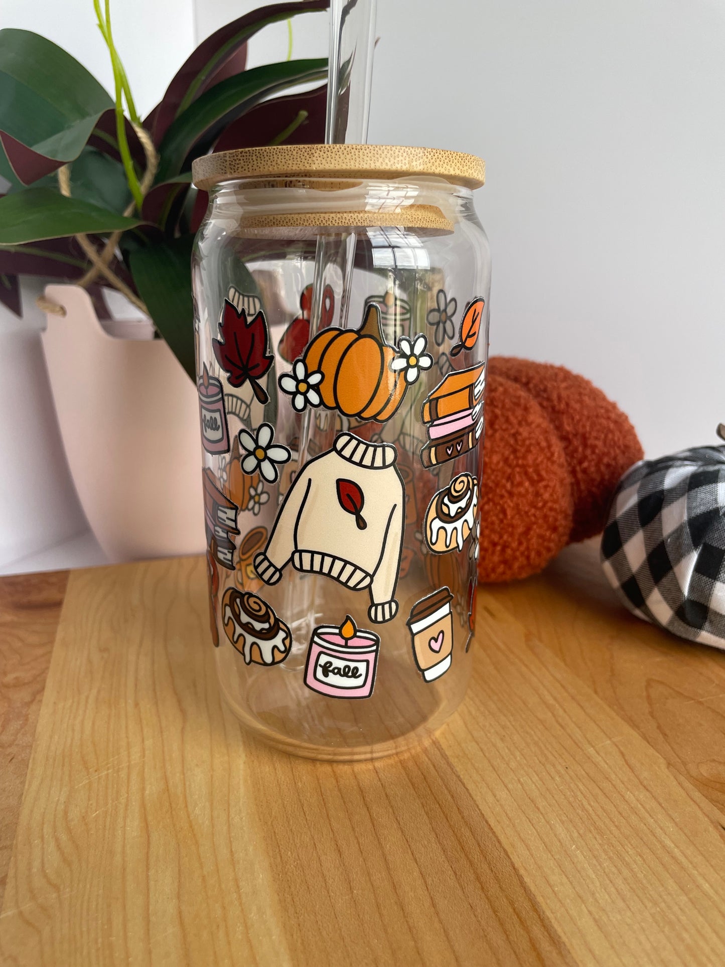 Cozy Fall Girlie Glass Cup with Bamboo Lid and Glass Straw