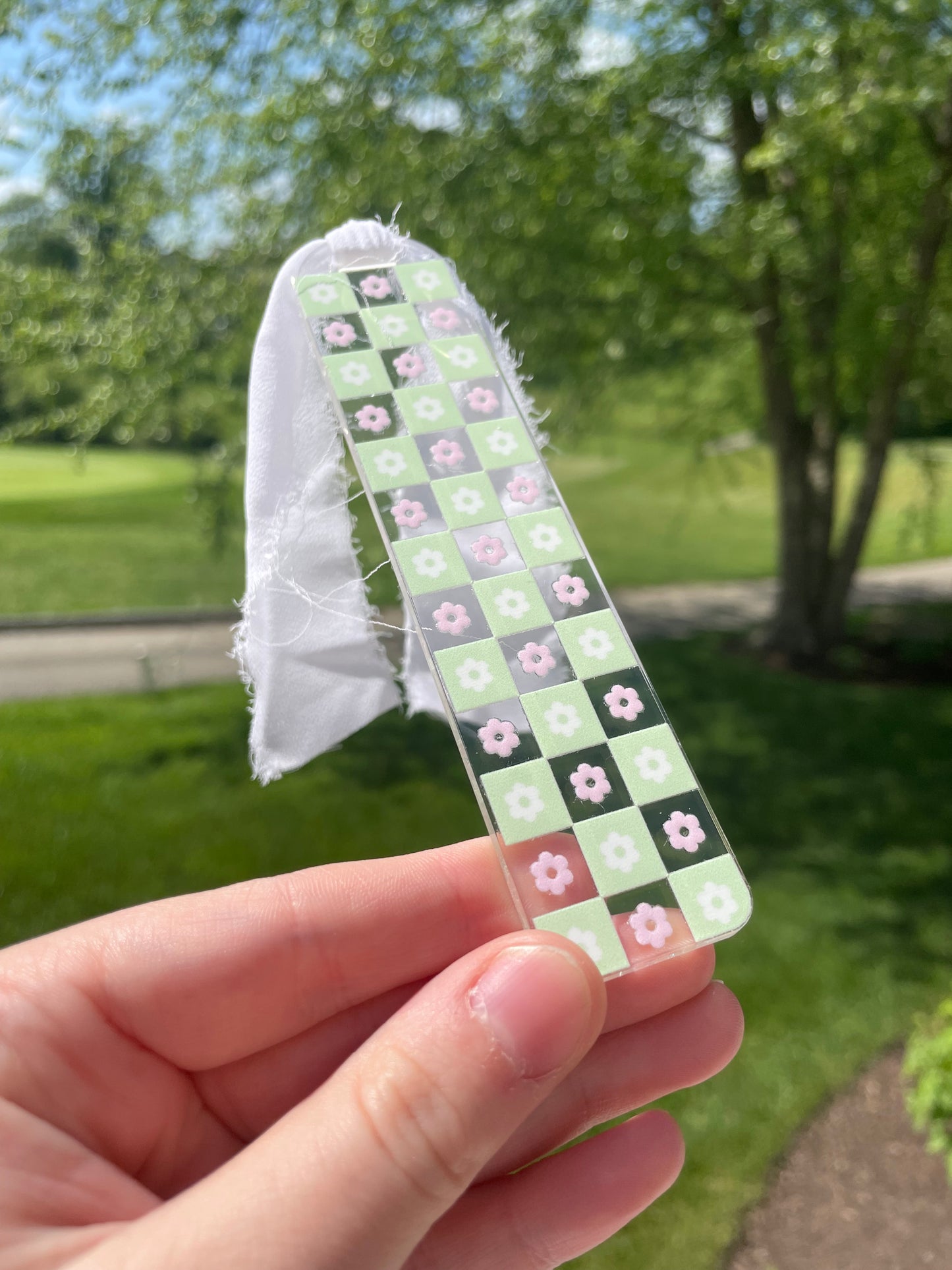 Light Green and Pink Checkered Flowers Clear Acrylic Bookmark with Chiffon Ribbon