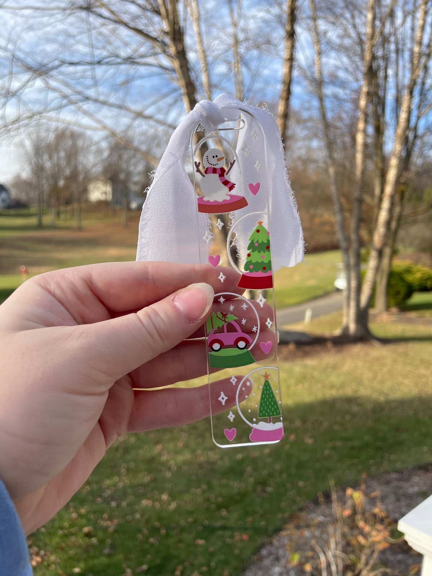 Festive Snowglobes Winter Clear Acrylic Bookmark with Chiffon Ribbon