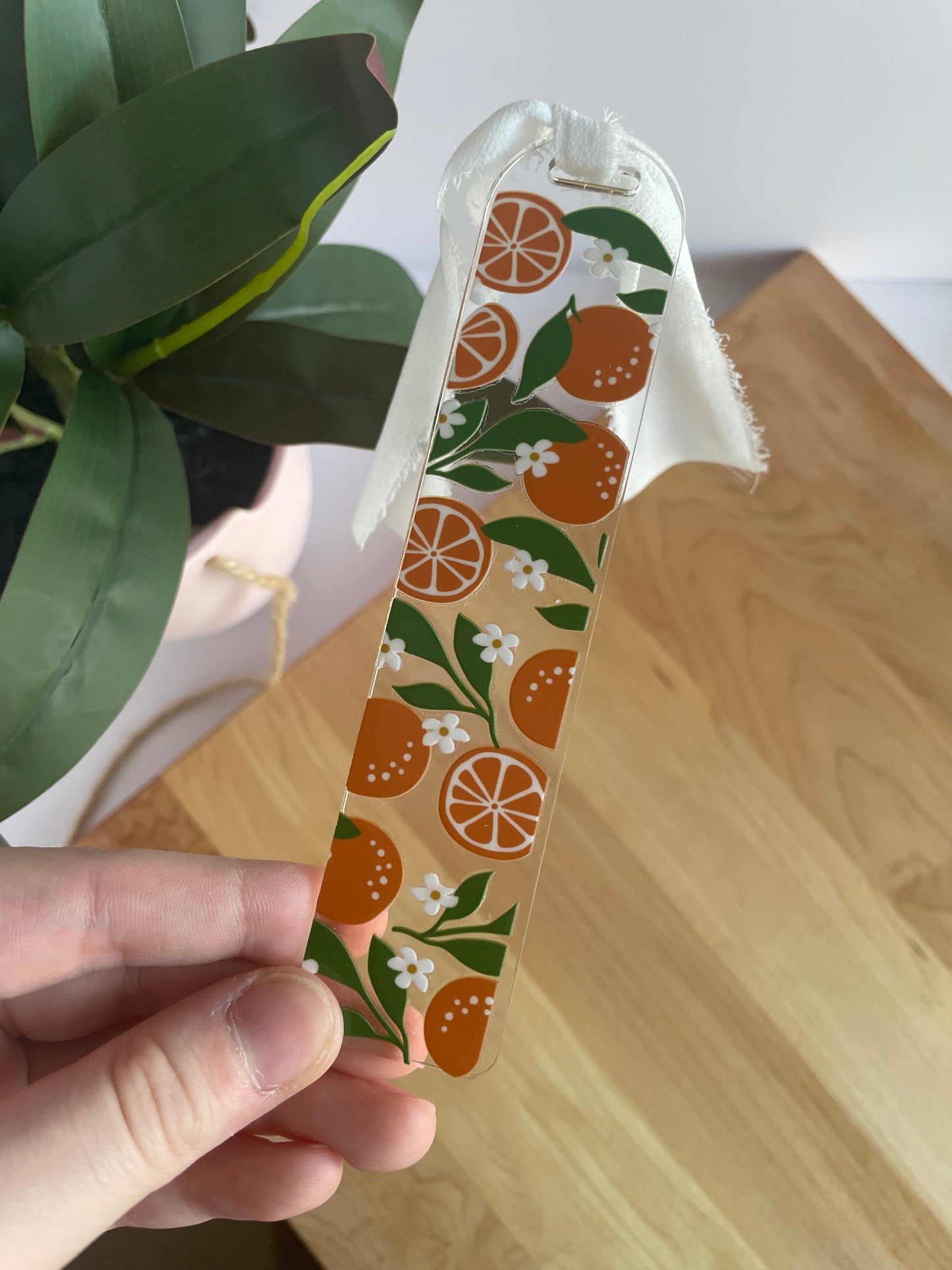 Summer Oranges Clear Acrylic Bookmark with Chiffon Ribbon