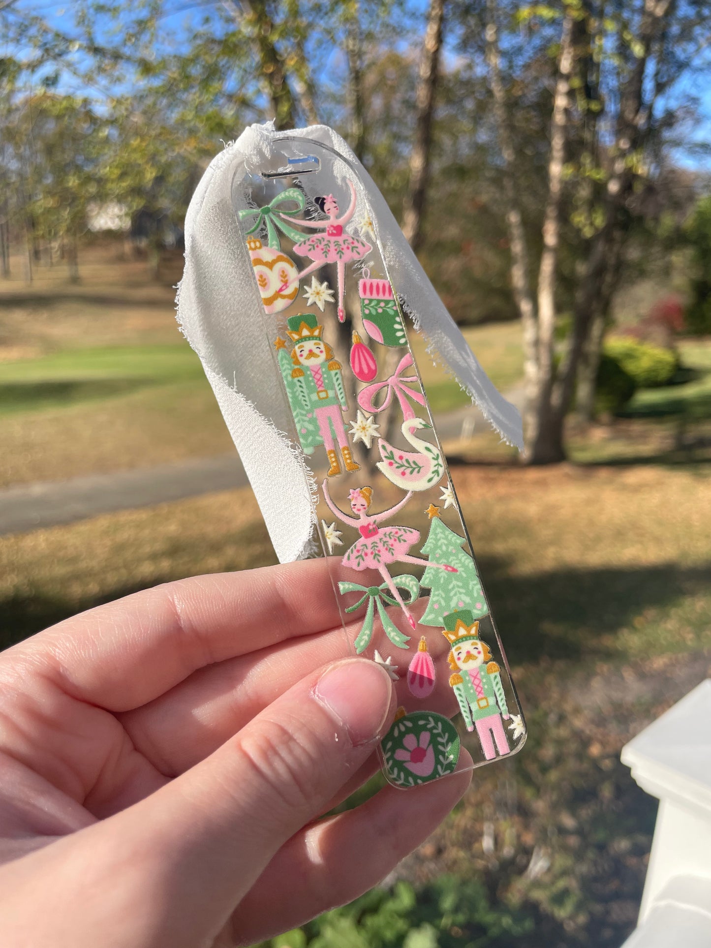 Beautiful Nutcrackers and Ornaments Clear Acrylic Bookmark with Chiffon Ribbon