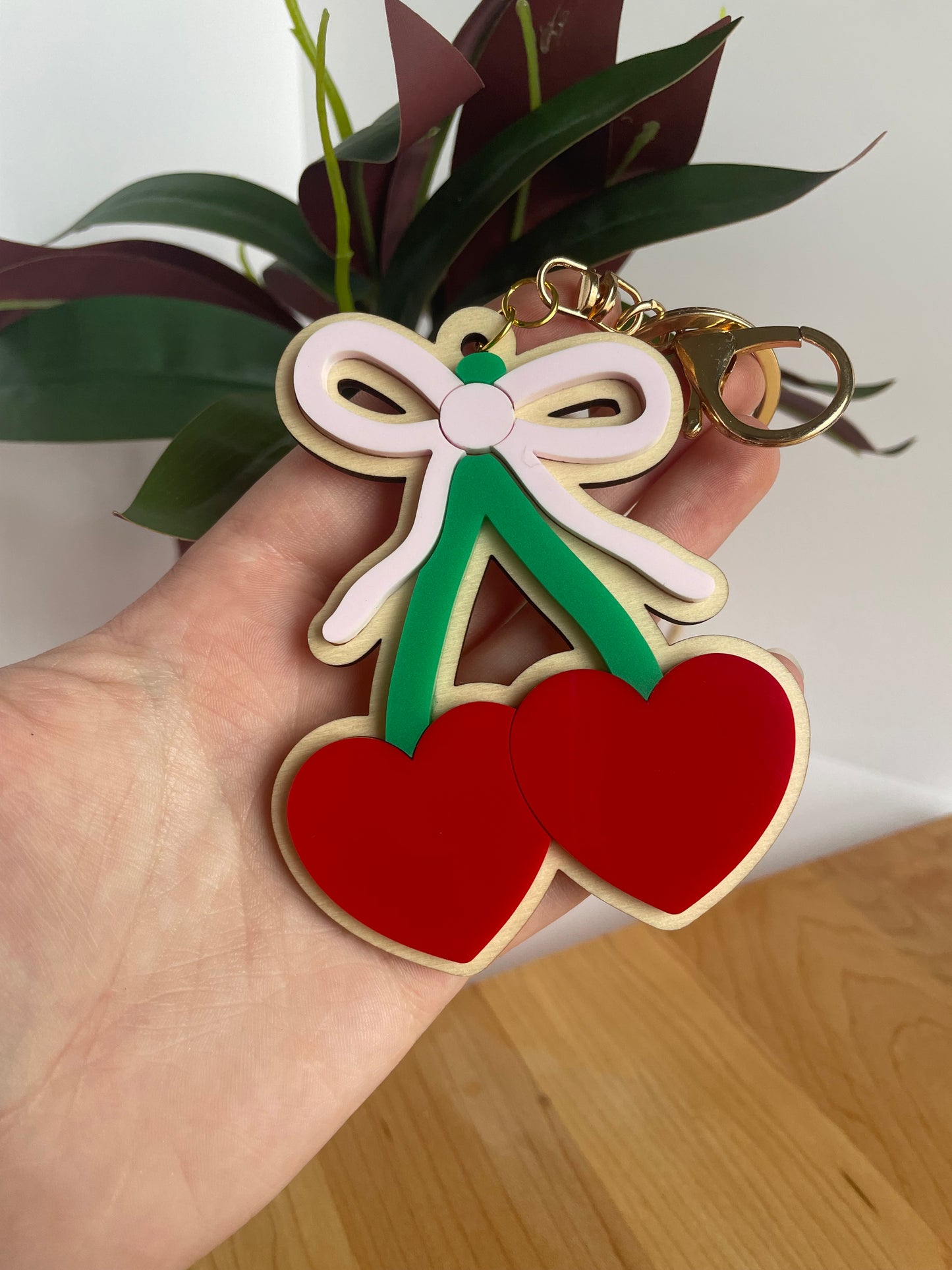 Cute Cherry and Bow Acrylic Keychain with Gold Features