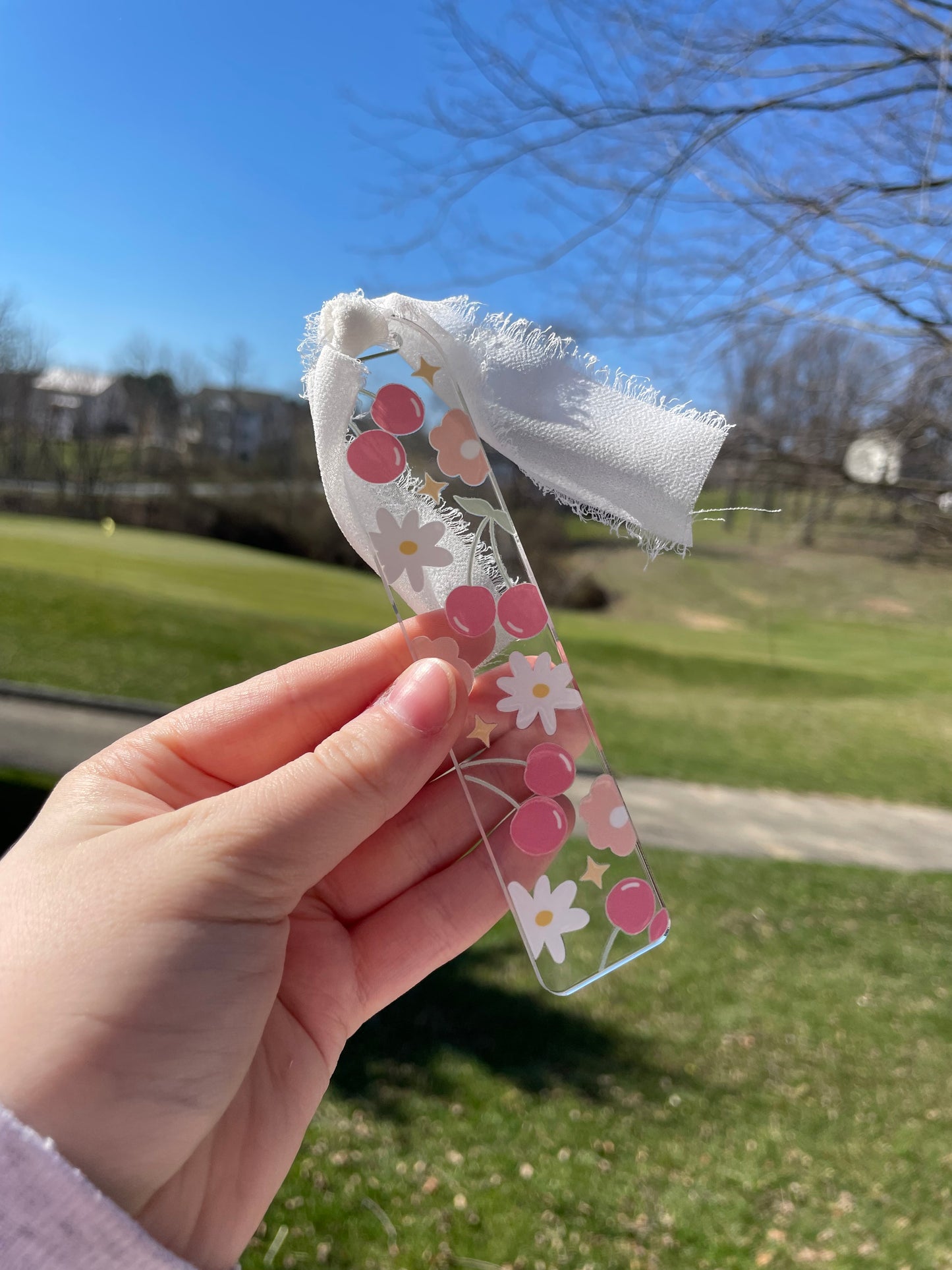 Cherries and Flowers Cute Clear Acrylic Bookmark with Chiffon Ribbon