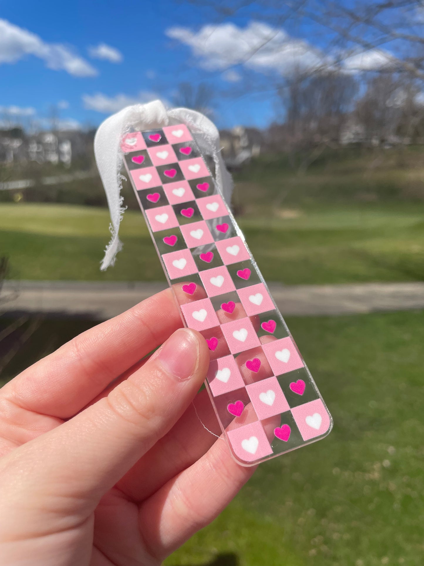 Pink and Red Checkered Hearts Clear Acrylic Bookmark with Chiffon Ribbon