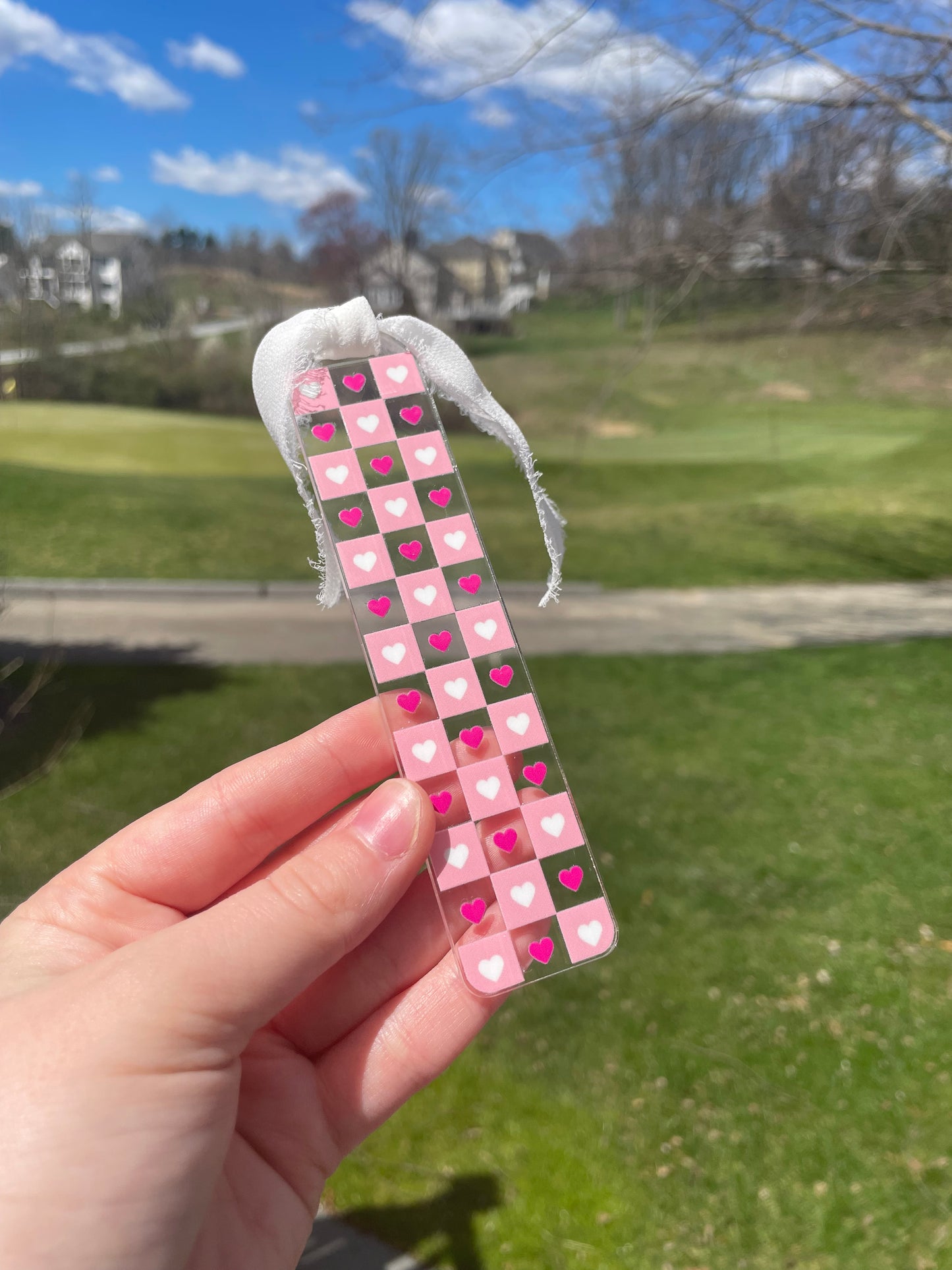 Pink and Red Checkered Hearts Clear Acrylic Bookmark with Chiffon Ribbon