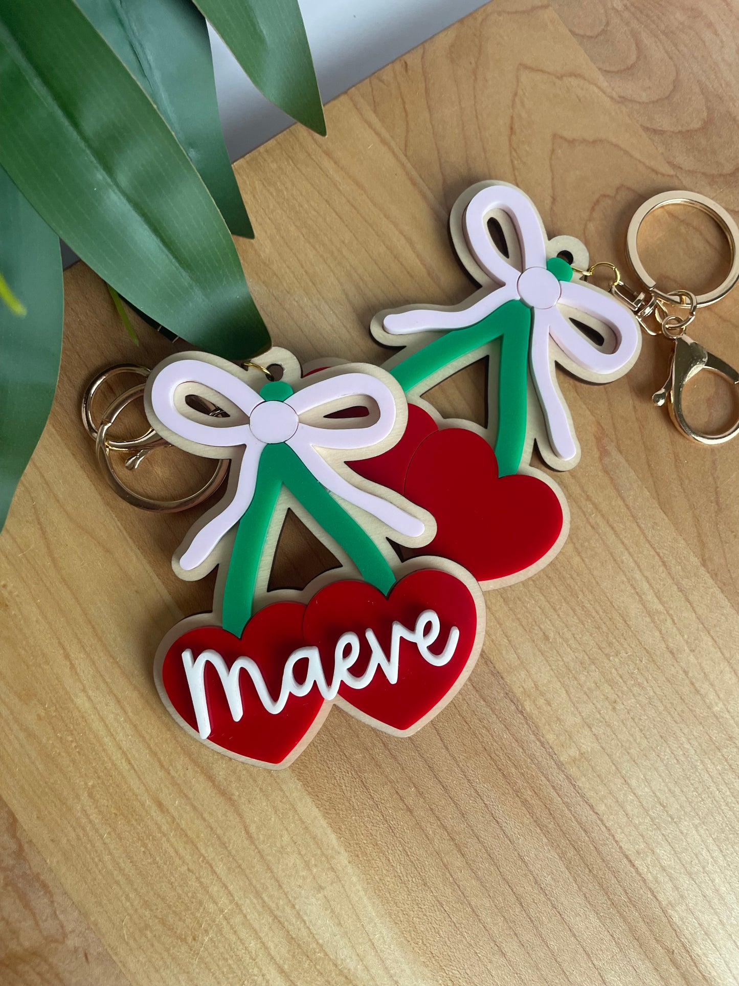 Cute Cherry and Bow Acrylic Keychain with Gold Features