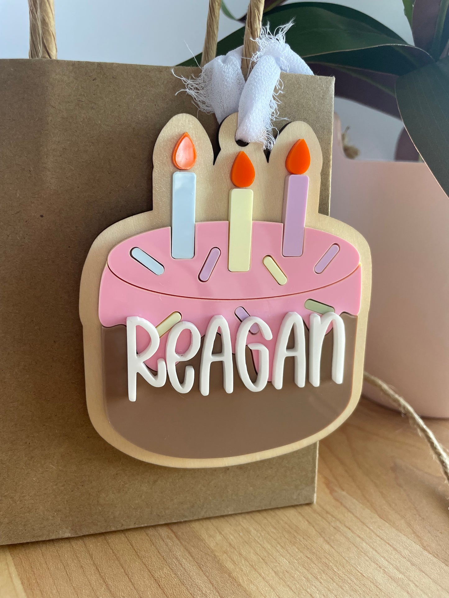 Birthday Cake Acrylic Gift Tag with Chiffon Ribbon