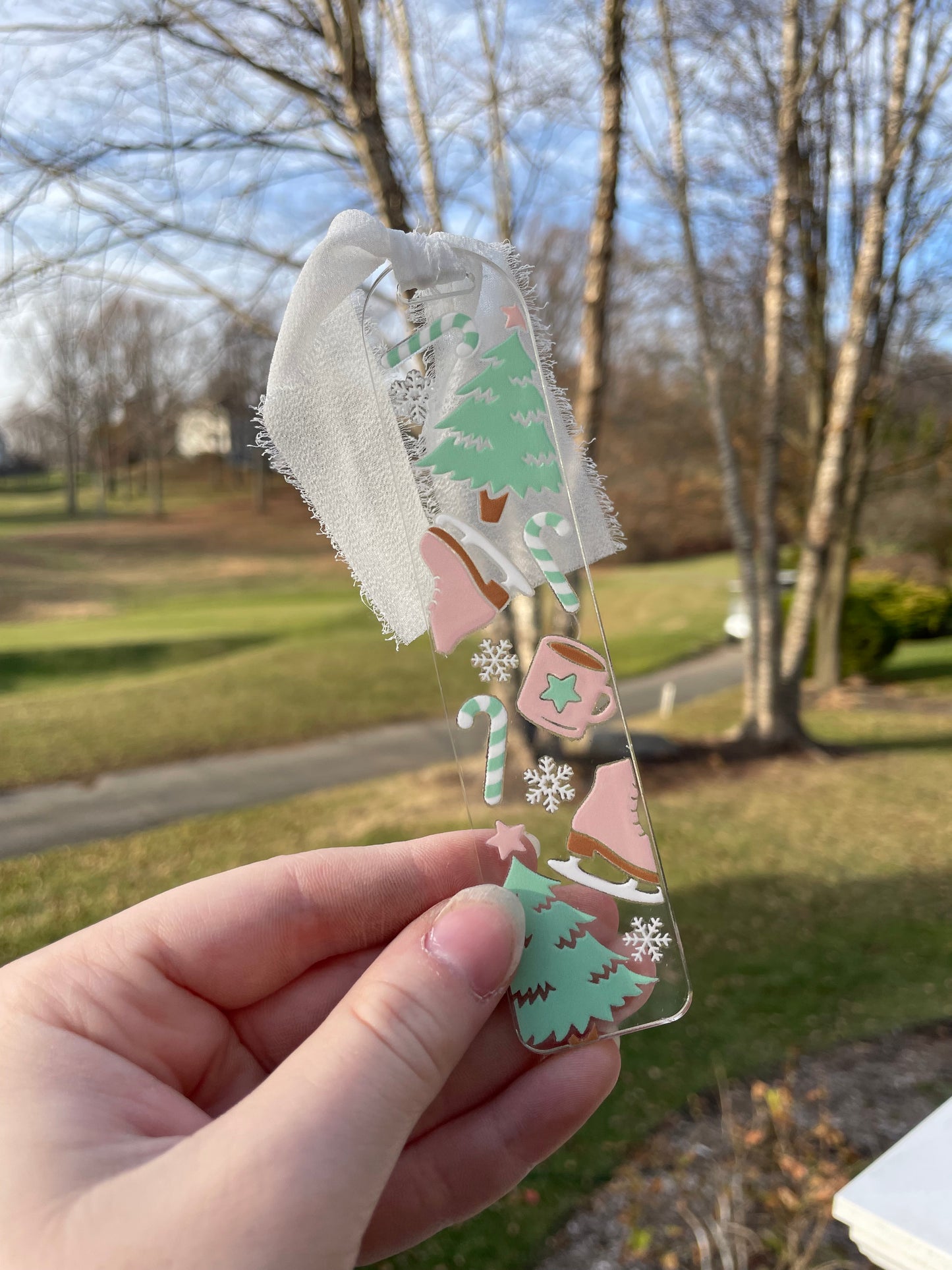 Pretty Pastel Winter Ice Skating Clear Acrylic Bookmark with Chiffon Ribbon