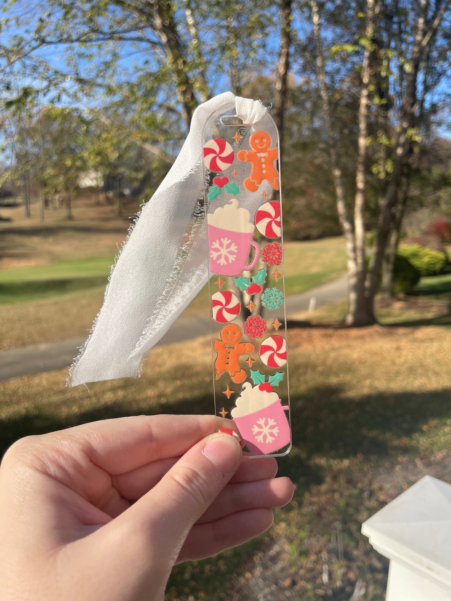 Cute Gingerbread Cookies and Hot Cocoa Clear Acrylic Bookmark with Chiffon Ribbon