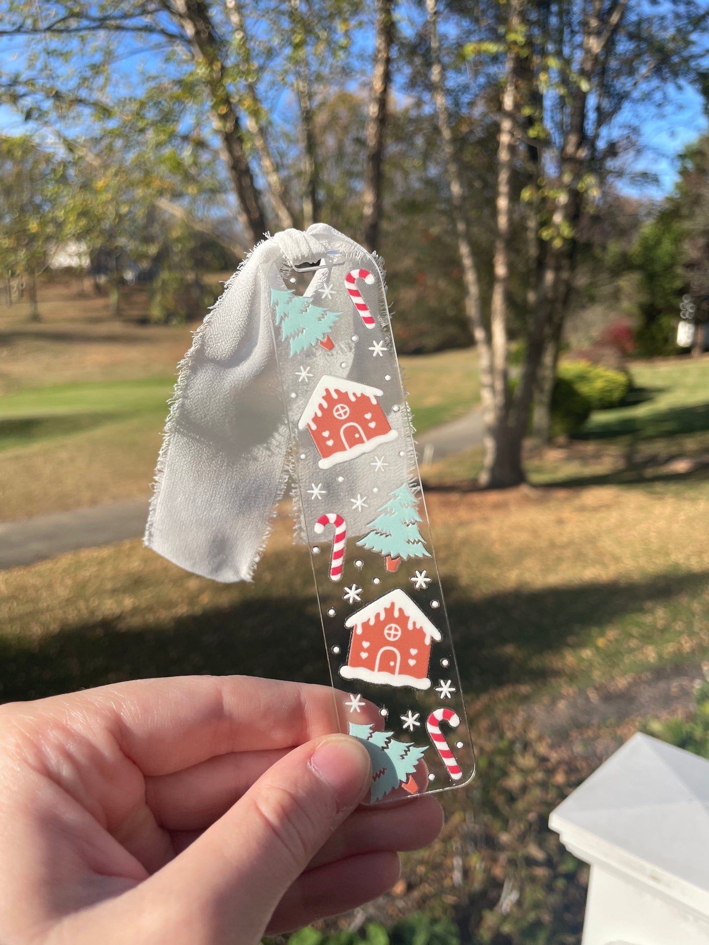 Gingerbread Houses and Snowy Trees Clear Acrylic Bookmark with Chiffon Ribbon