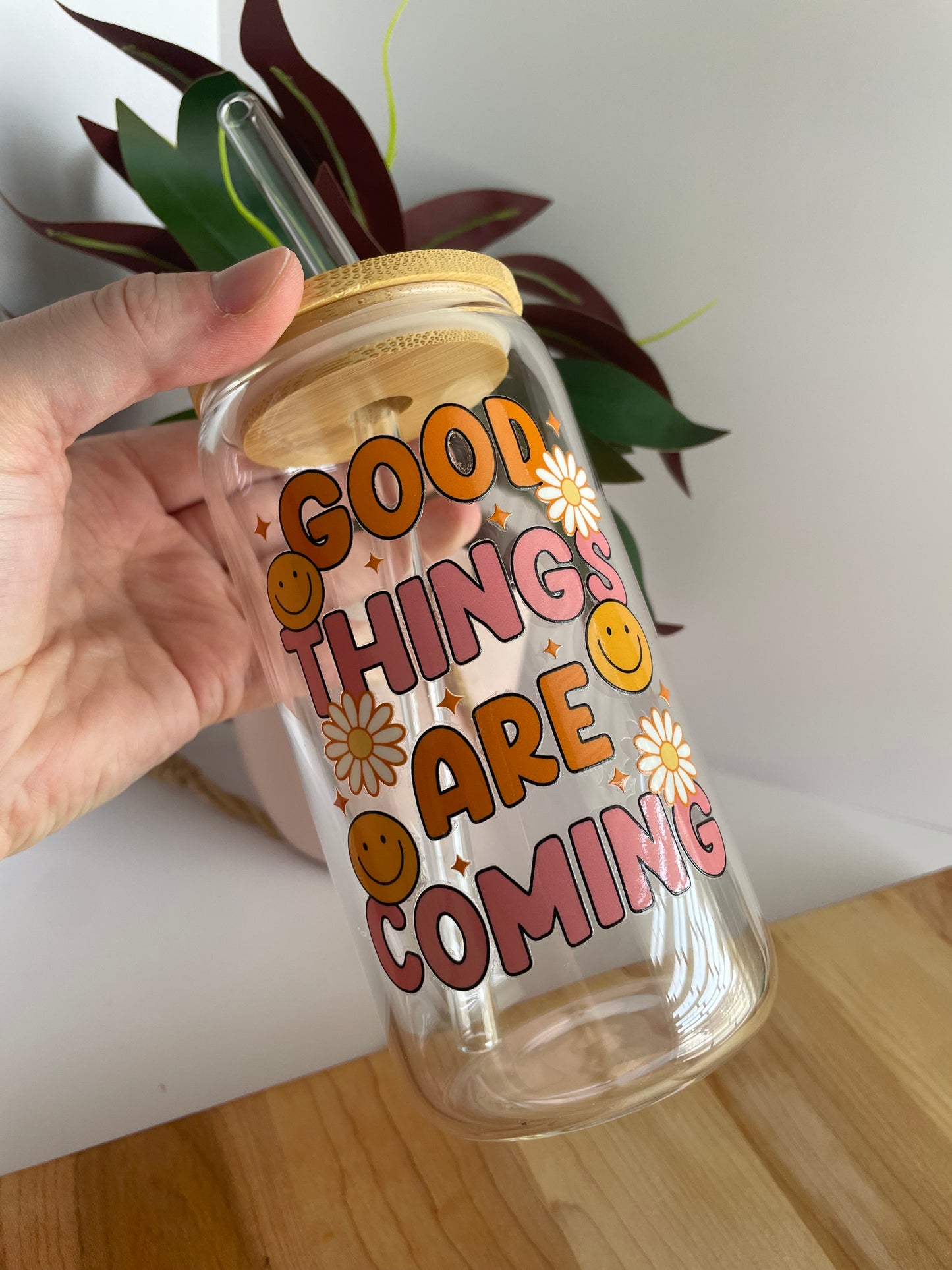 Good Things Are Coming Flowers and Smileys Glass Cup with Bamboo Lid and Glass Straw