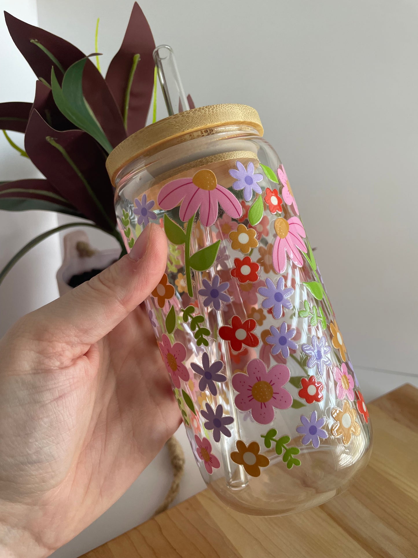 Spring Florals Glass Cup with Bamboo Lid and Glass Straw