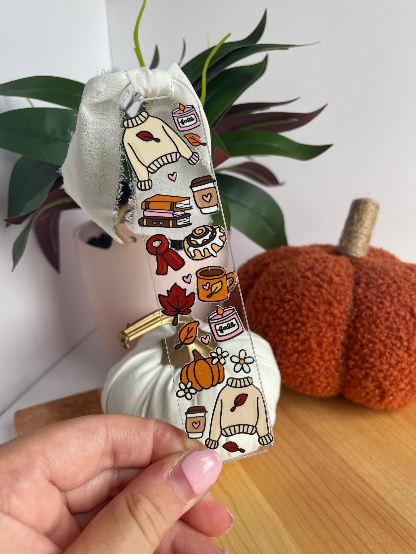 Cozy Fall Girl Clear Acrylic Bookmark with Chiffon Ribbon