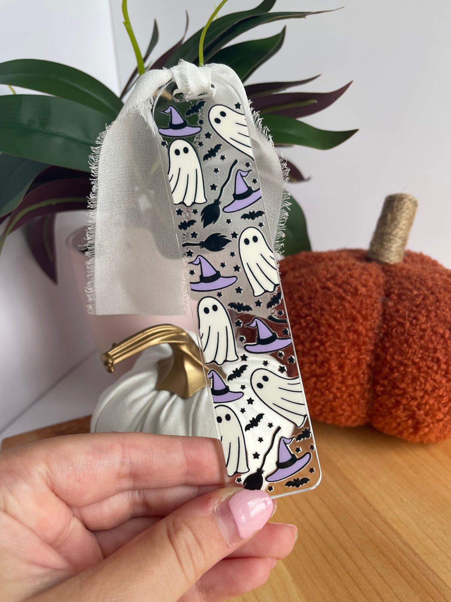 Ghosts and Witch Hats Clear Acrylic Bookmark with Chiffon Ribbon