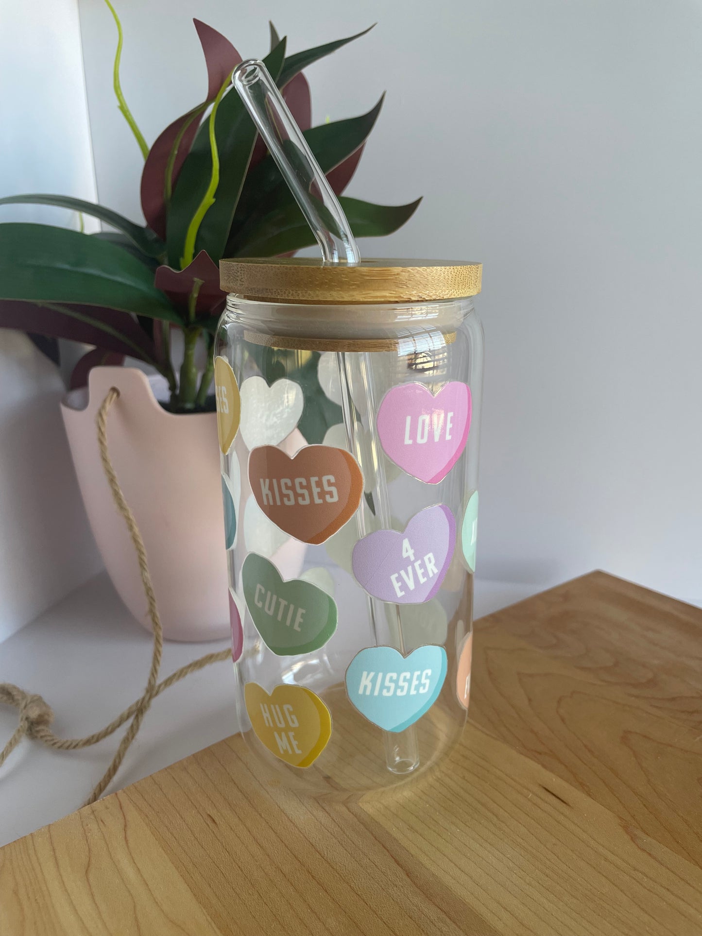Conversation Hearts Glass Cup with Bamboo Lid and Glass Straw
