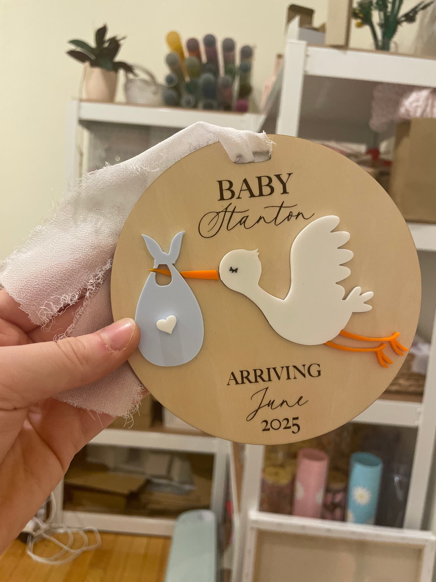Arriving Baby Stork Wooden Gift Tag with Chiffon Ribbon