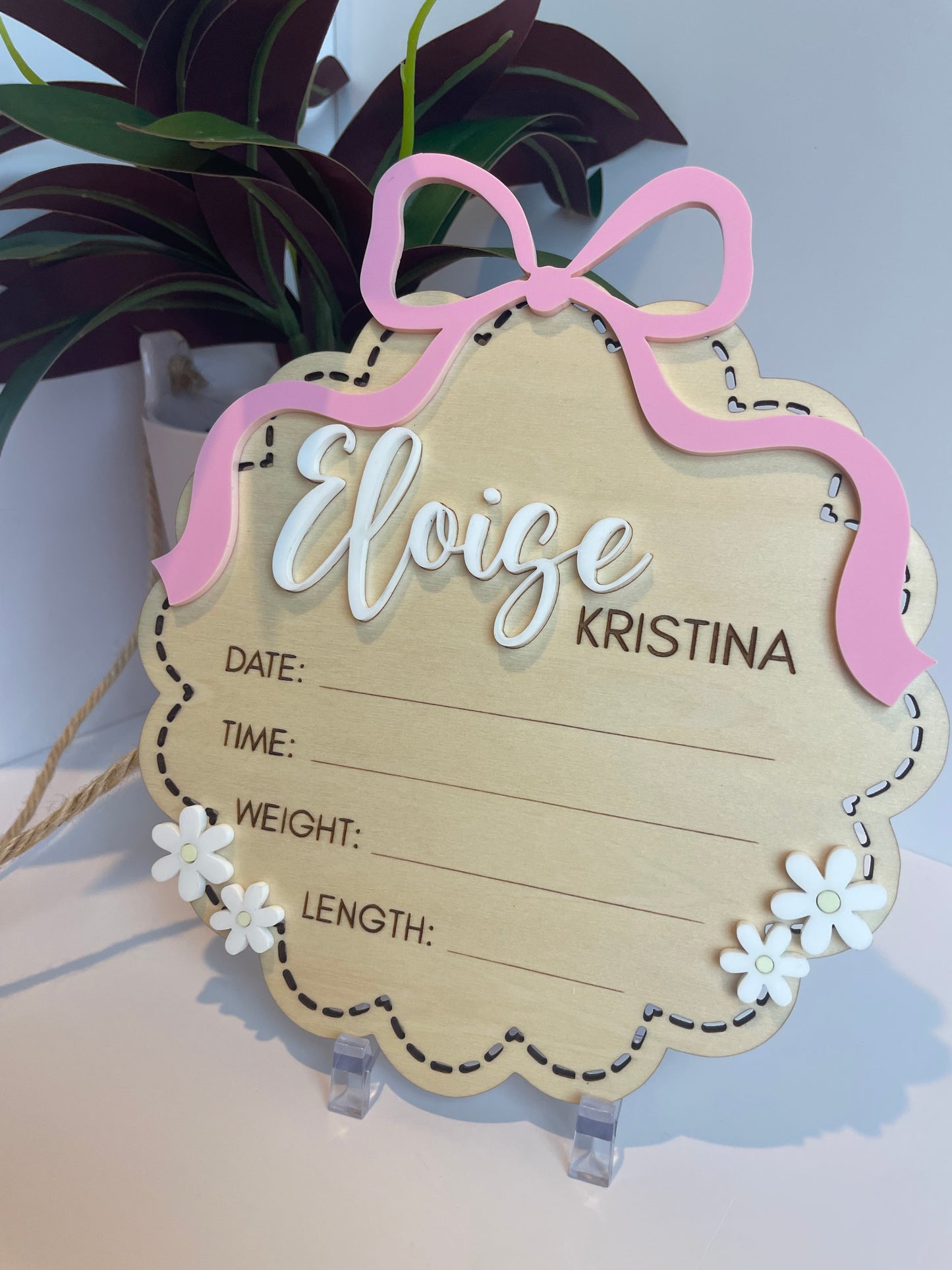 Custom Bow and Flowers Baby Announcement Sign