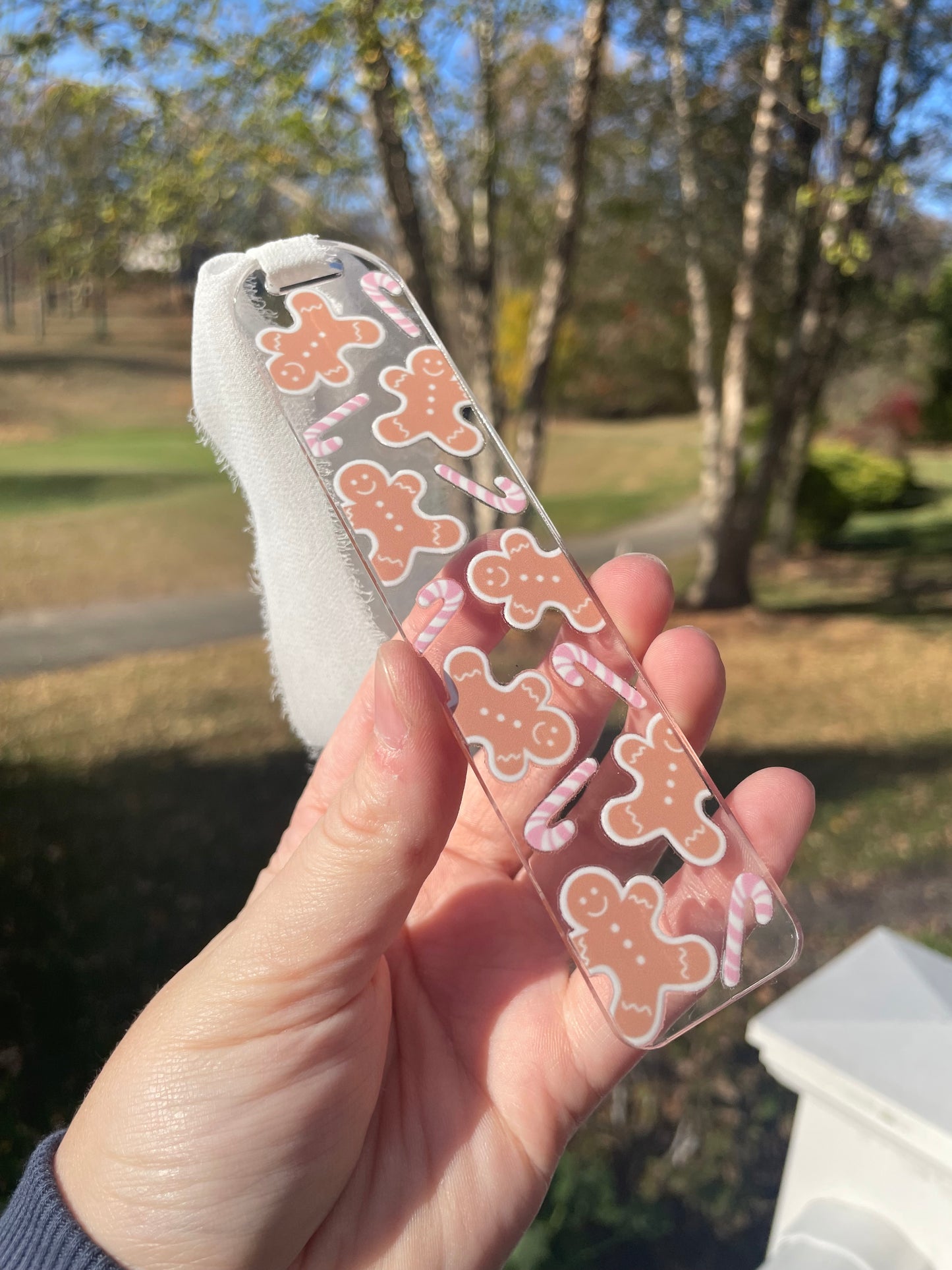 Gingerbread Cookies and Pink Candy Canes Clear Acrylic Bookmark with Chiffon Ribbon