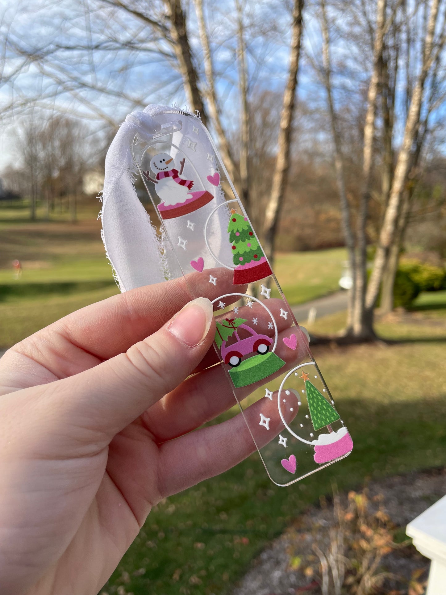 Festive Snowglobes Winter Clear Acrylic Bookmark with Chiffon Ribbon