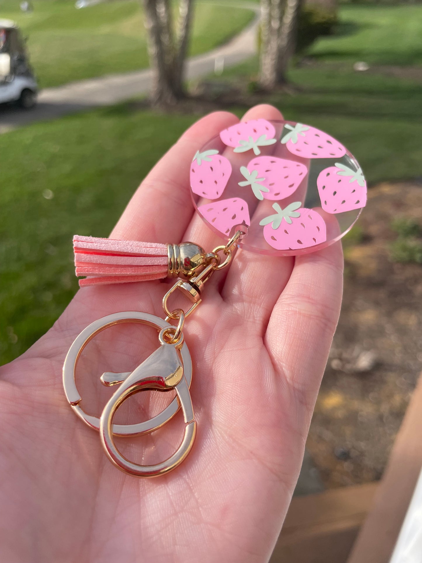 Cute Strawberries Circle Clear Acrylic Keychain with Tassel and Gold Features